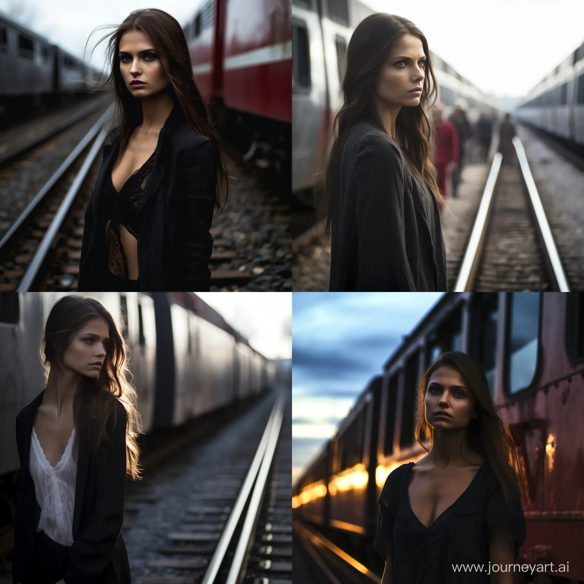 The character of the Vampire Diaries series Elena Gilbert stands sad near the train as real 