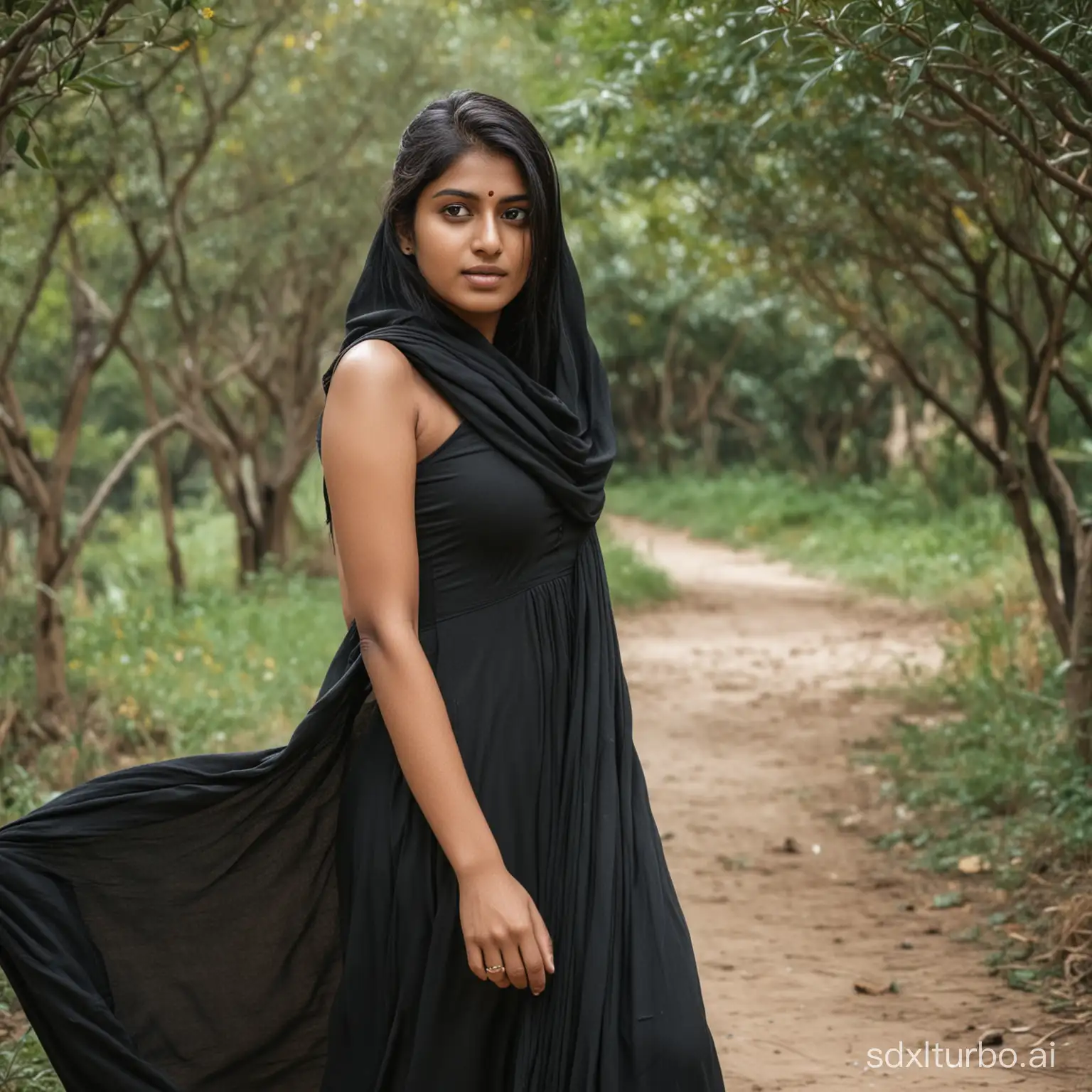 A young indian lady wearing black long dress, hiding her face with black cloth, eyes only are visible, walking in outdoor environment