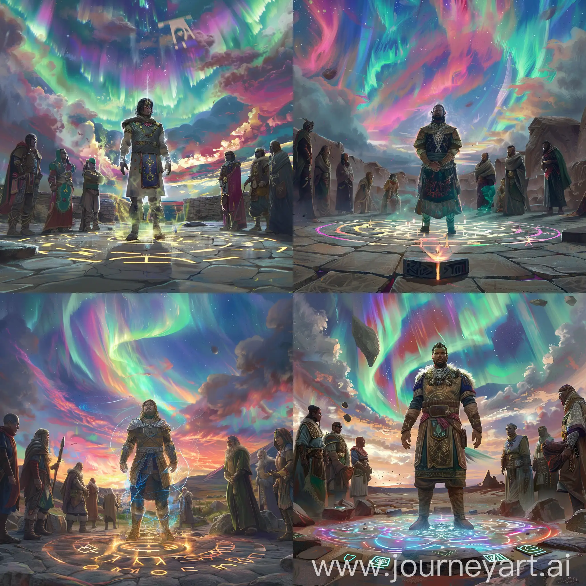 Thorgal in a ceremonial outfit, partaking in a mystical rite of passage under the aurora of his home planet. He stands at the center of a stone circle, with alien runes glowing on the ground. Above, the sky swirls with colors unknown to Earth, reflecting his connection to both the physical and spiritual worlds. His posture is respectful and solemn, surrounded by elders in traditional garb, signifying a pivotal moment in his life. Created Using: ethereal lighting, vibrant sky palette, detailed ceremonial wear, soft focus on background figures, high detail on alien runes, digital art medium --ar 1:1 --v 6.0
