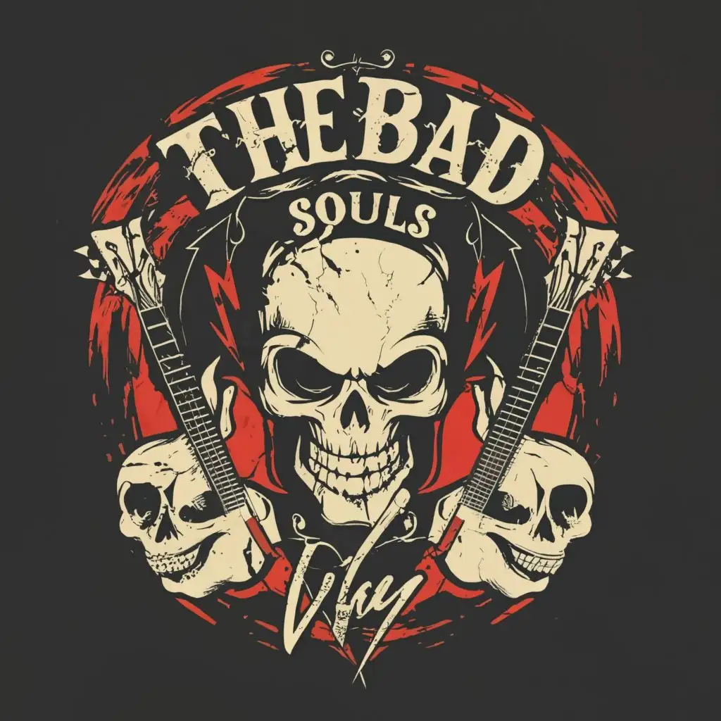 logo, Guitars, skulls, with the text "The Bad Souls", typography, be used in Entertainment industry