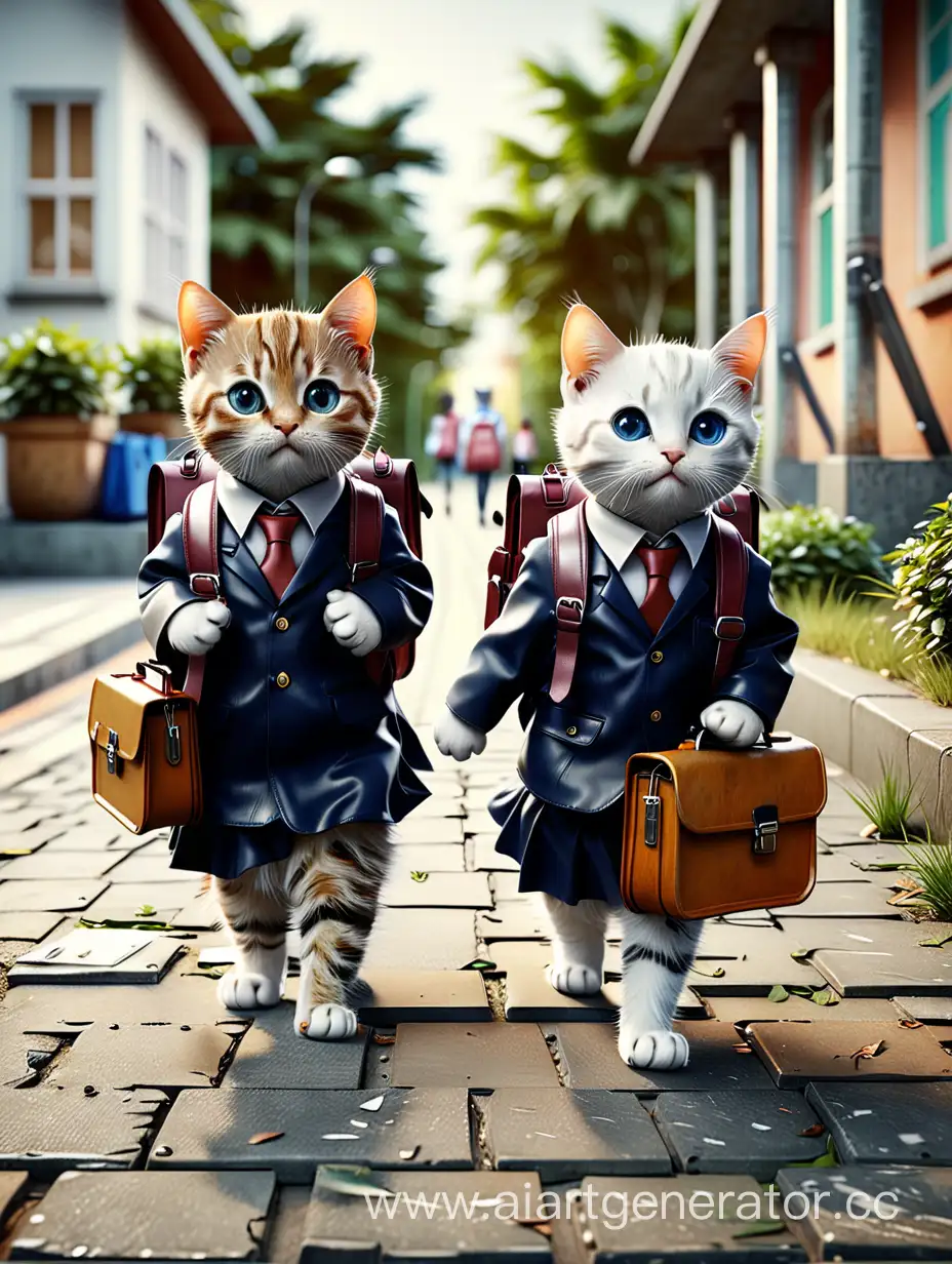 two little cats with briefcases on their backs, going to school, realistic
