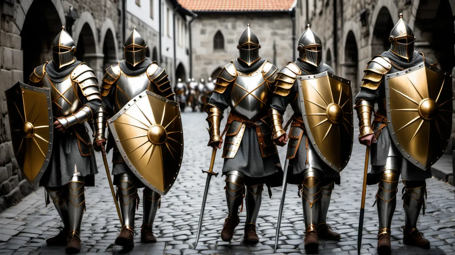 medieval warriors, sliver armor with golden engravings, they carry shields and spears, the background is a building made of cobblestone where they train