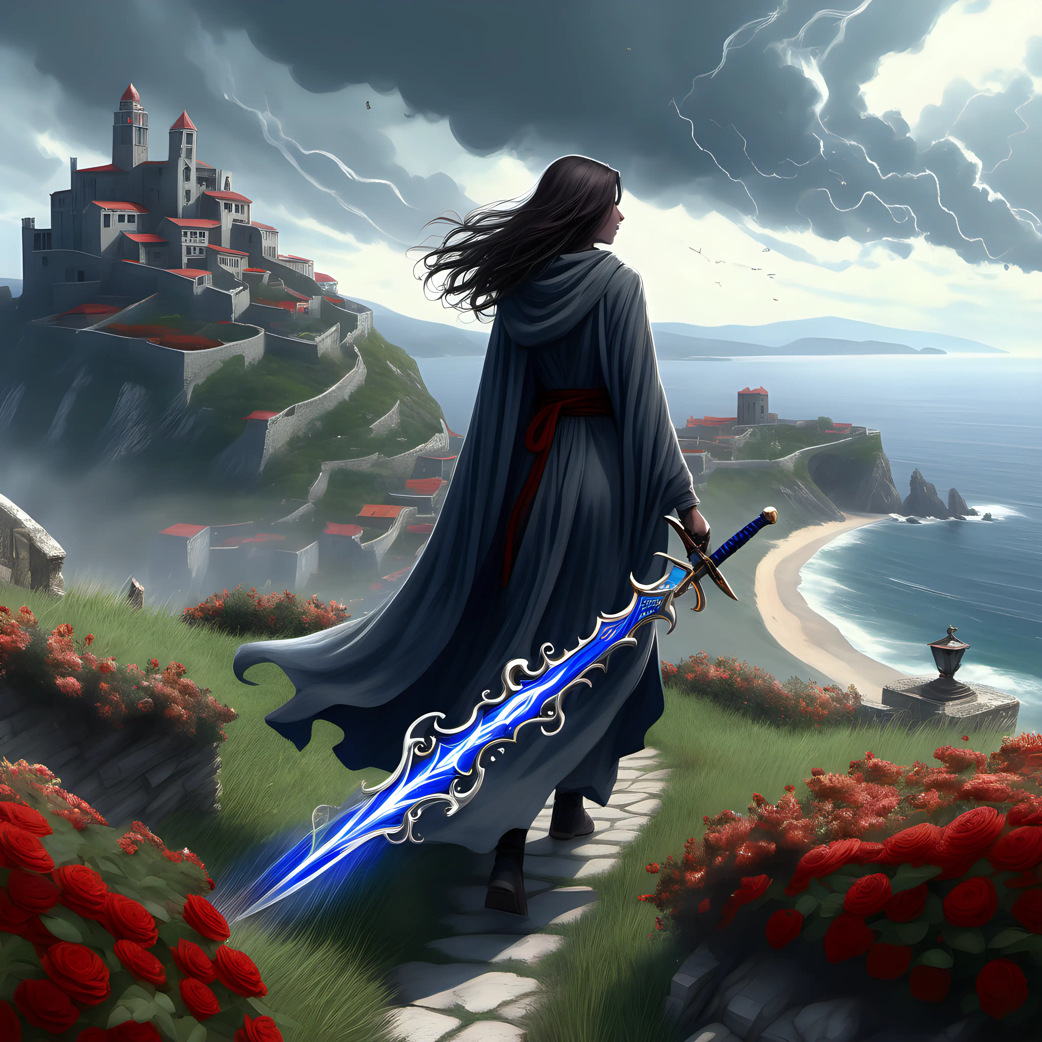 A gray-cloaked woman walking away on a hilltop overlooking a coastline.  She wields a lapis sword.  A whirlwind of white, red, and green flowers and growing vines surrounds her