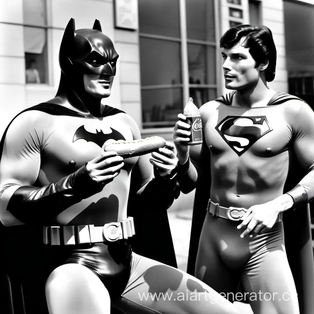 Batman 1970 and Christopher reeve Superman eating hotdogs with a Coca Cola 