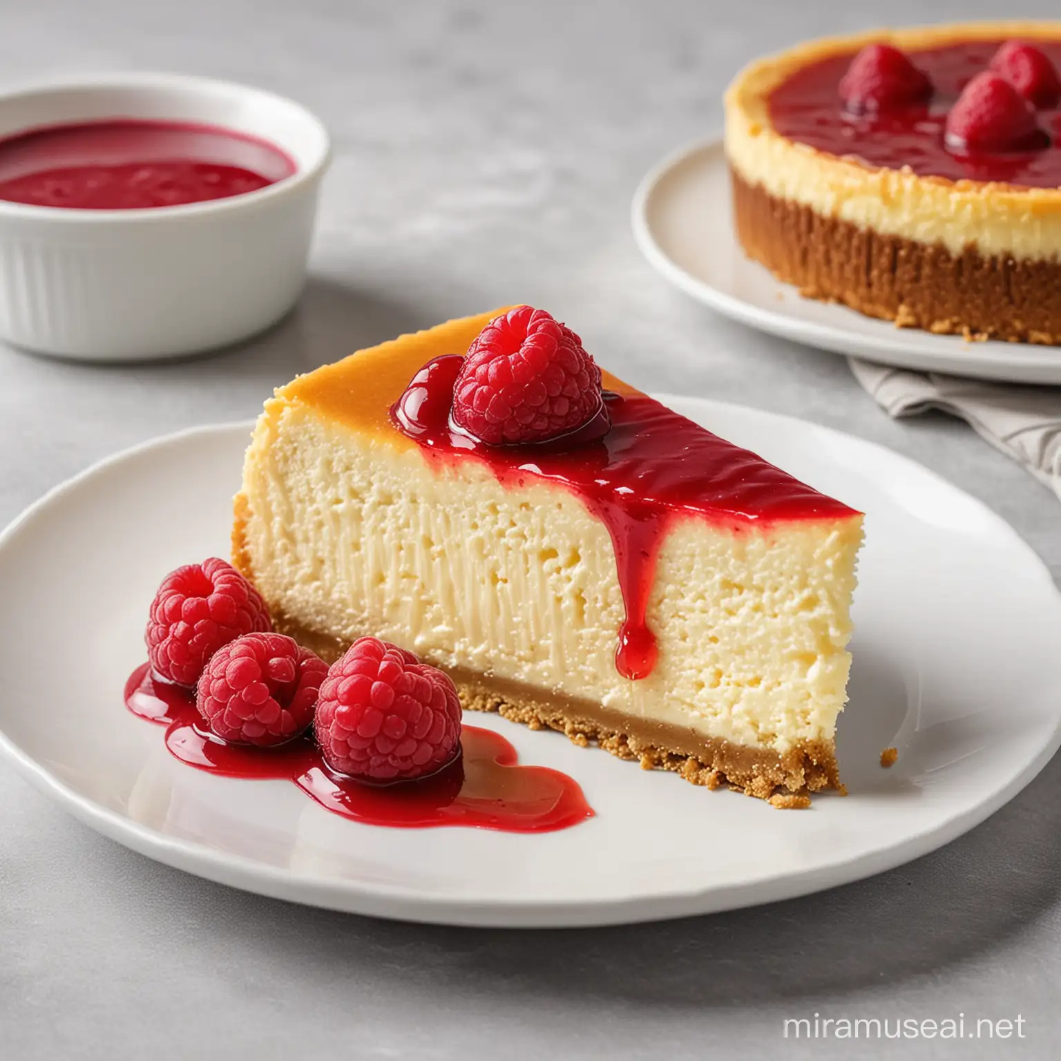  A slice of creamy New York cheese cake with fresh raspberry sauce on top, on a white plate, against a light grey background, with the whole cheese cake in the back