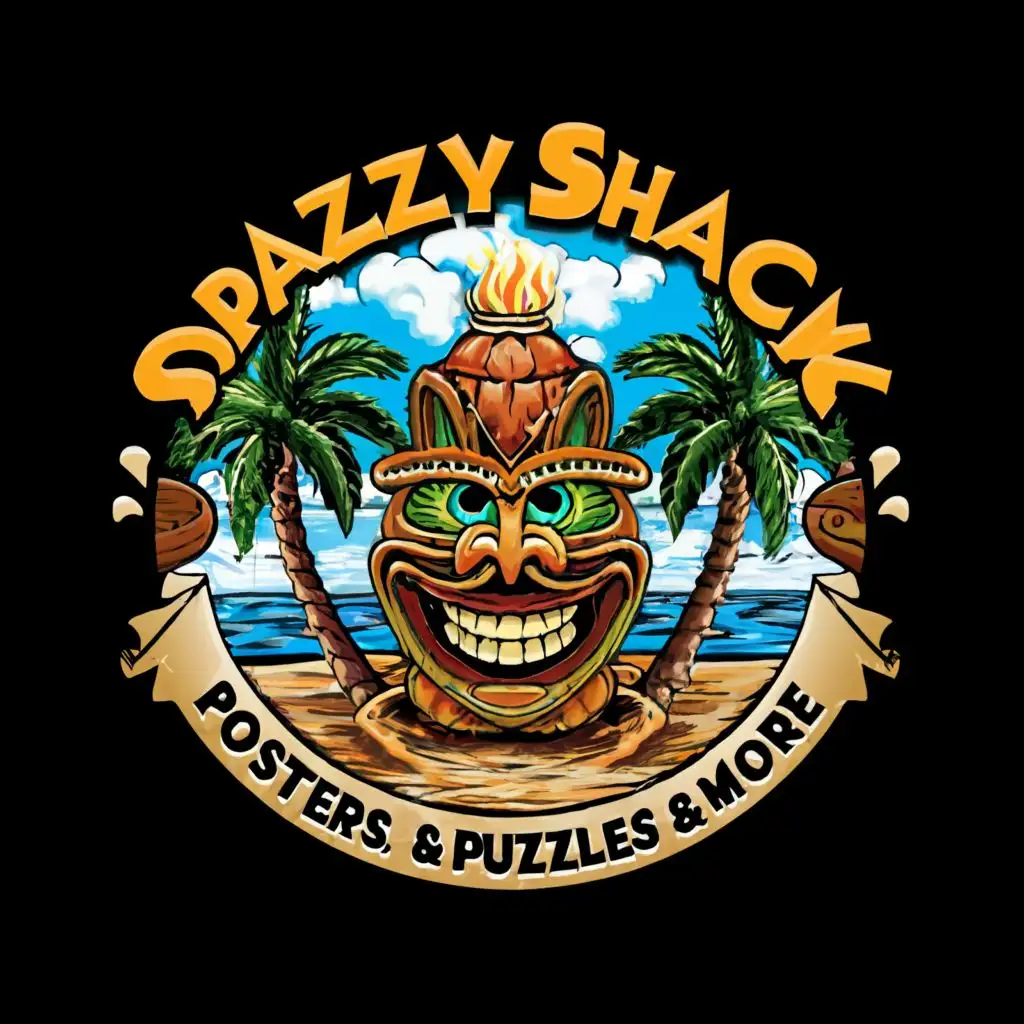 logo, Island Inspired logo  Tiki style  that highlight the richness of the islands and everything they have to, Posters, Puzzles & More , offer. bright and detailed image ,EST, 2023, with the text "SpazzyShack
Posters, Puzzles & More
", typography