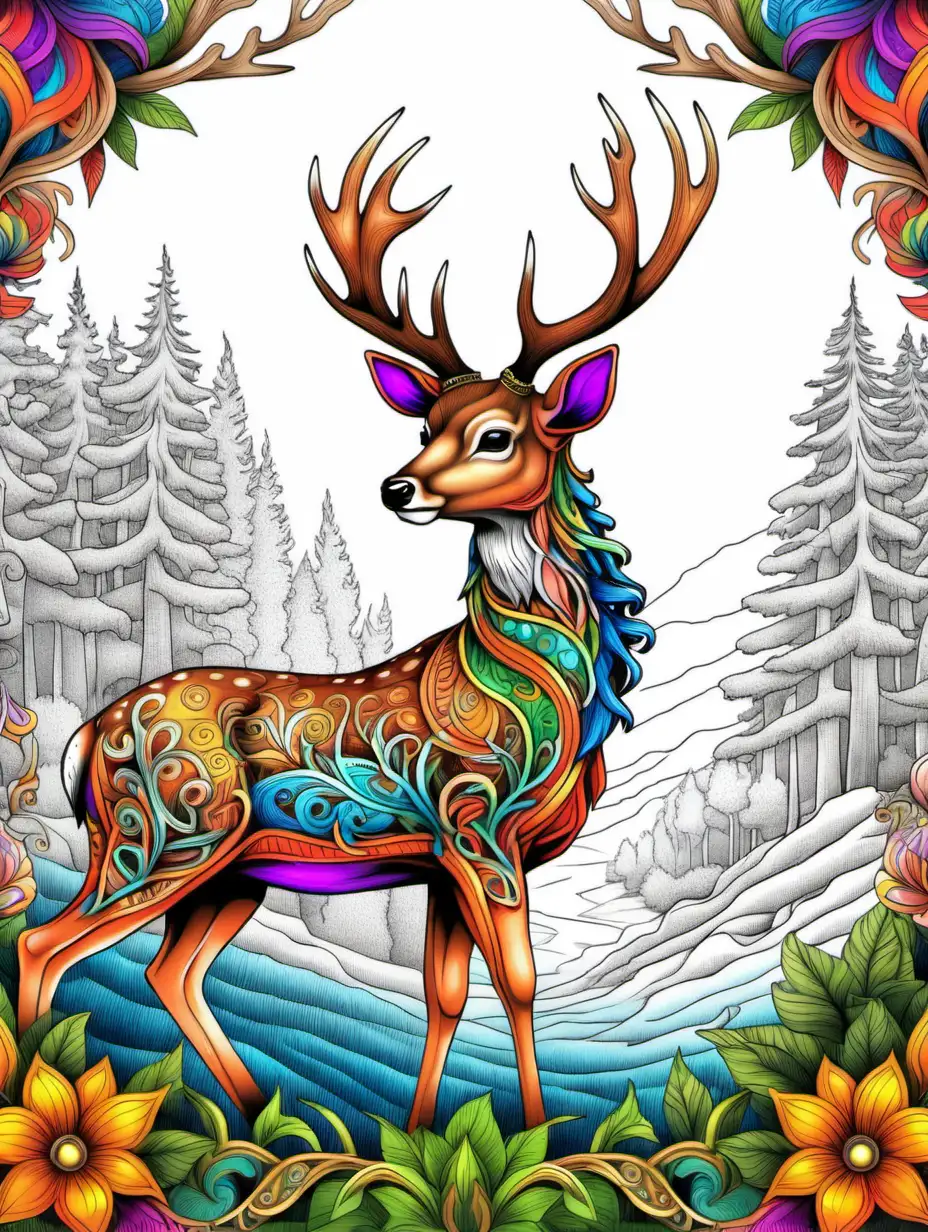 Intricate Fantasy Deer Profile Vivid Adult Coloring Book Design
