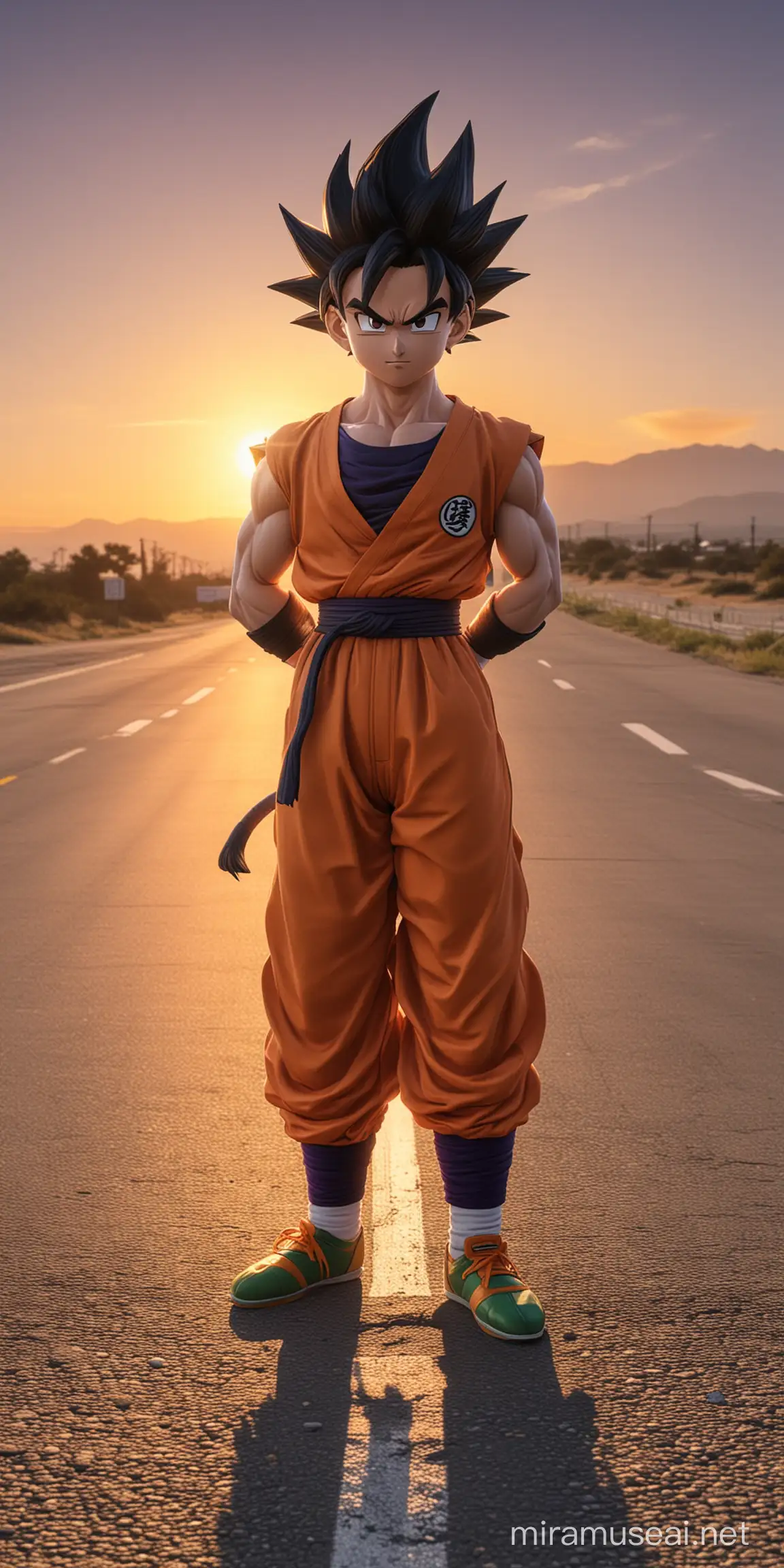 Gohan dragon ballz stand on the road with clear sunset background