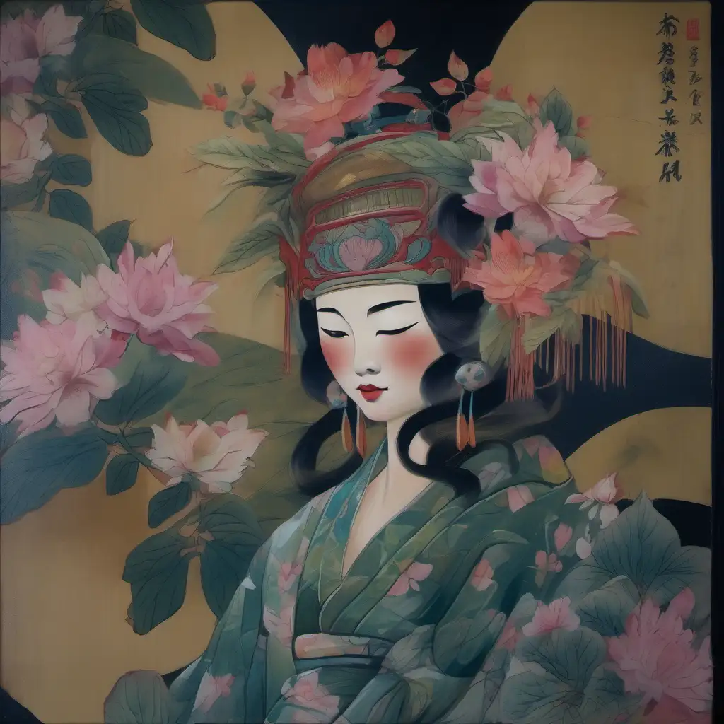 Vintage Asian lady face with botanical headdress, painterly style