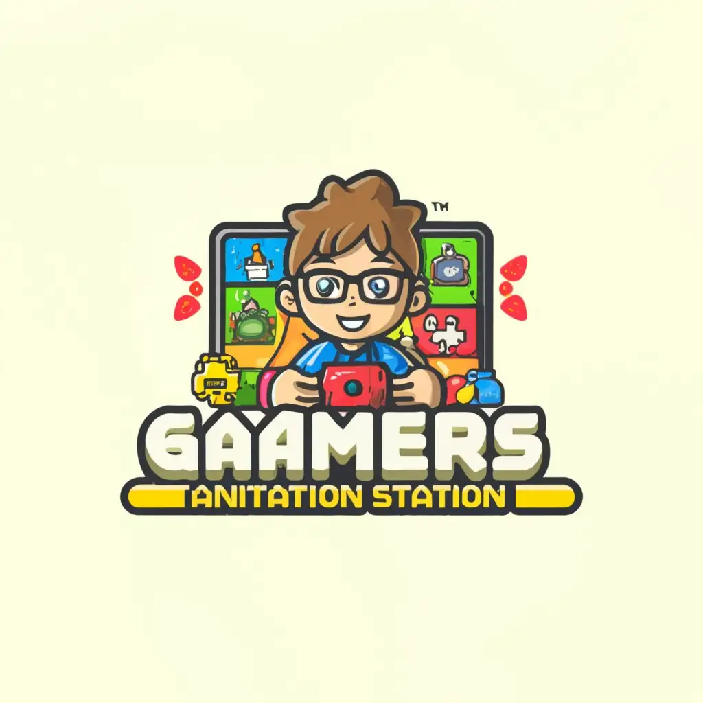 a logo design,with the text "gamers animation station", main symbol:kid with glasses gaming and doing stopmotion,Moderate,be used in Entertainment industry,clear background