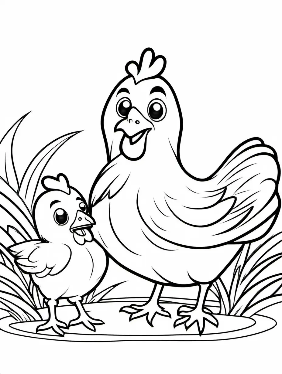 cute Chicken with his Chick for kids, Coloring Page, black and white, line art, white background, Simplicity, Ample White Space. The background of the coloring page is plain white to make it easy for young children to color within the lines. The outlines of all the subjects are easy to distinguish, making it simple for kids to color without too much difficulty