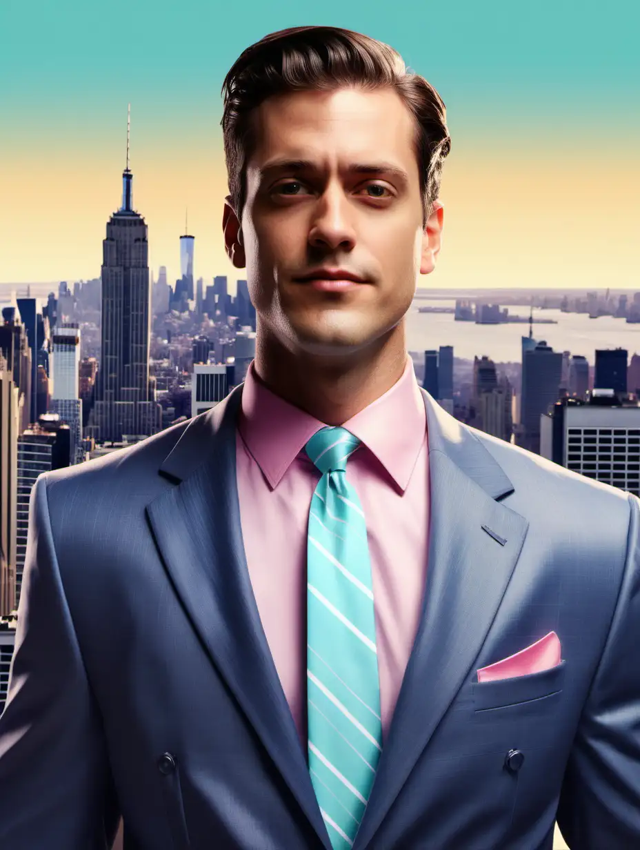 book cover medium shot illustration of a suit and a tie zoom in on a man's collar in a rom-com animation style of THAT GUY book cover on a NYC skyline background in pastel colors