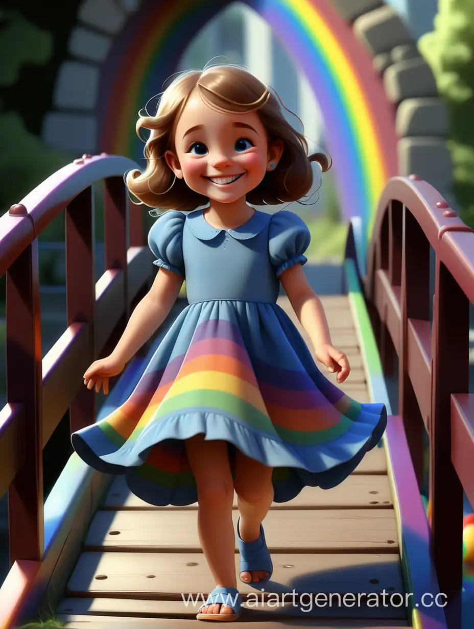 Маленькая  улыбающаяся с ямочками  девочка в голубом платье идет по радуге как по мосту стиль рисованная сказка