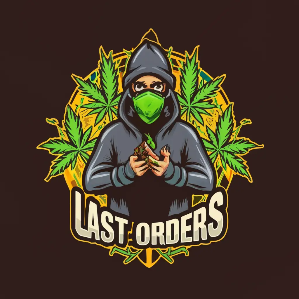 a logo design,with the text "last orders", main symbol:A highly detailed weed inspired background with a cartoon character wearing a balaclava holding money and a joint,Moderate,clear background