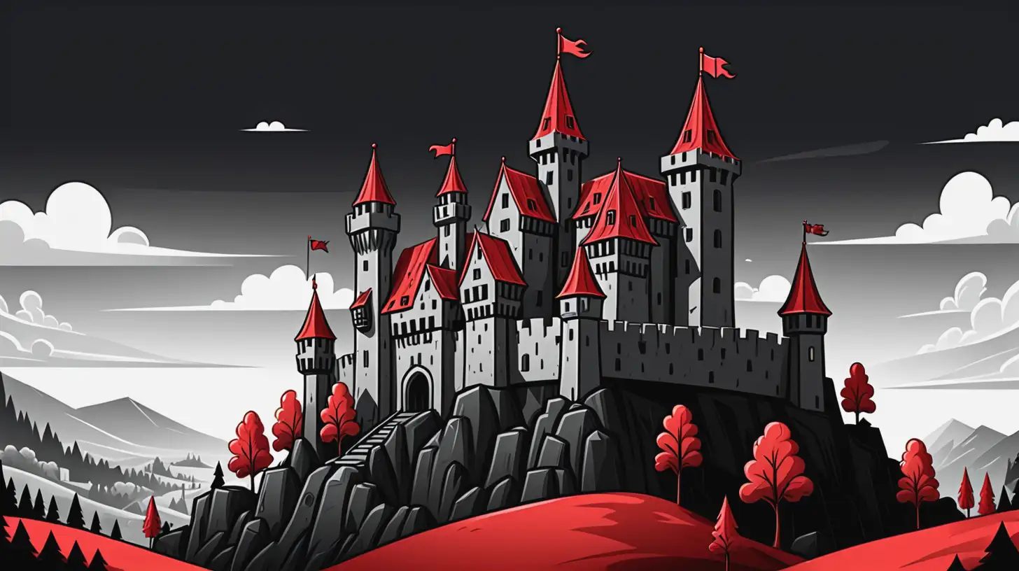 cartoon style, medieval castle on hillside landscape, red and black coloring, transparent background