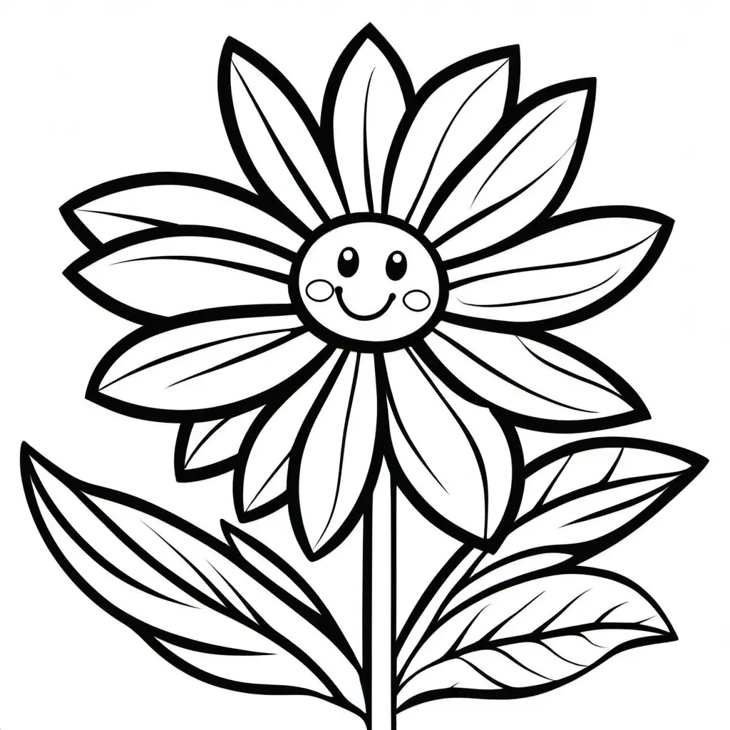 coloring page of cute cartoon flower with stem, no color, no shading