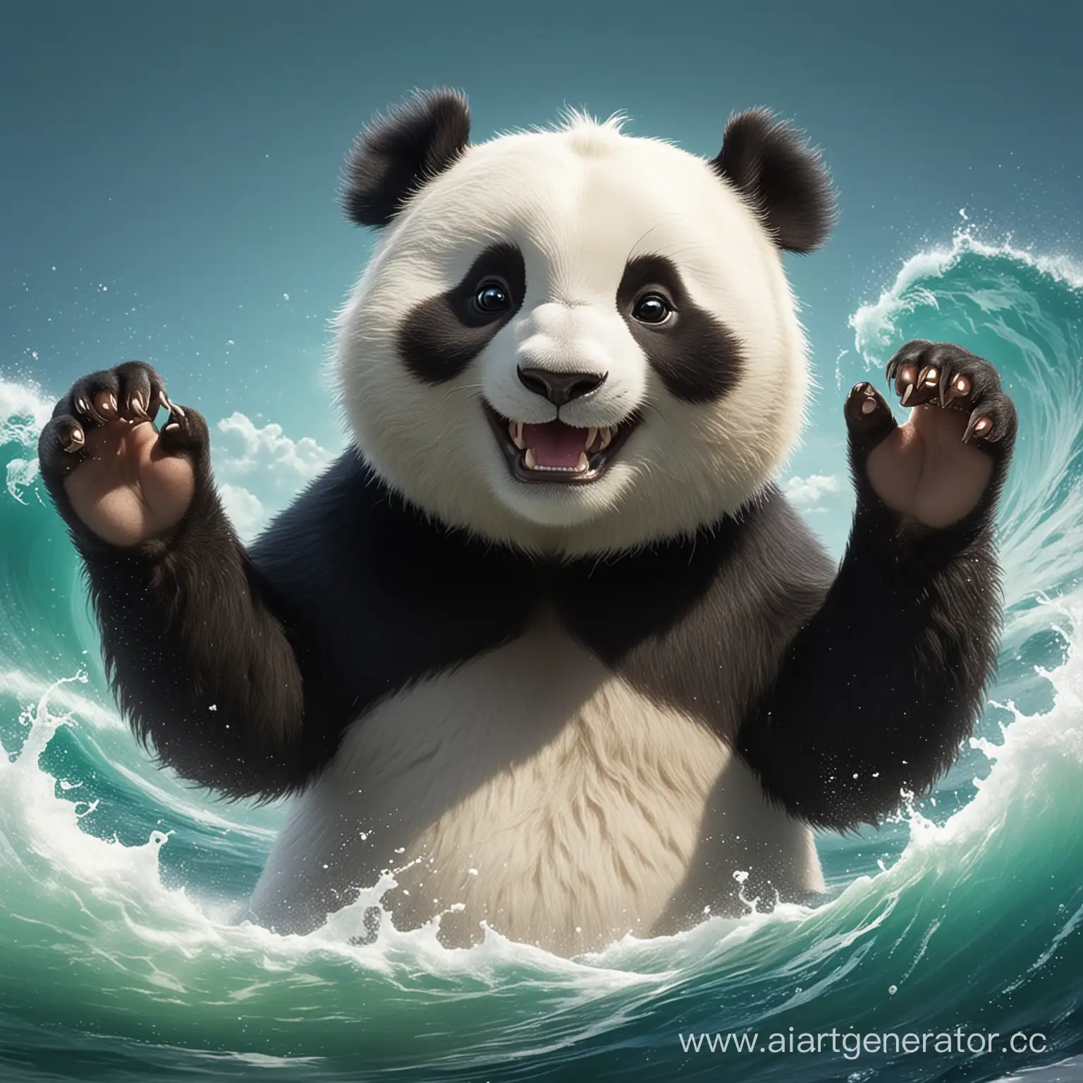 унфу панда, улыбается, машет рукой, яркое, объёмное, 
высокое разрешение, качество