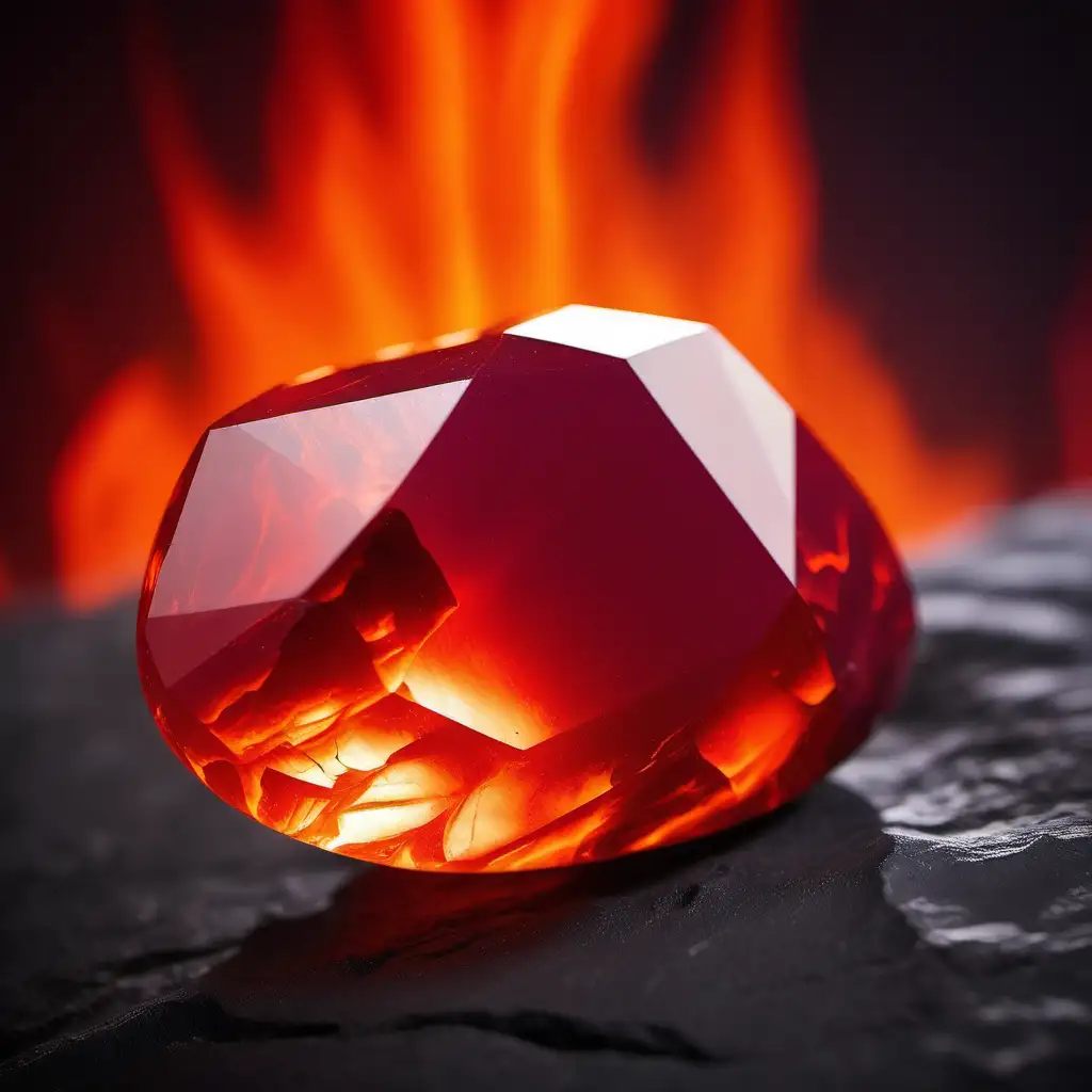 A crimson and orange stone on a fiery background