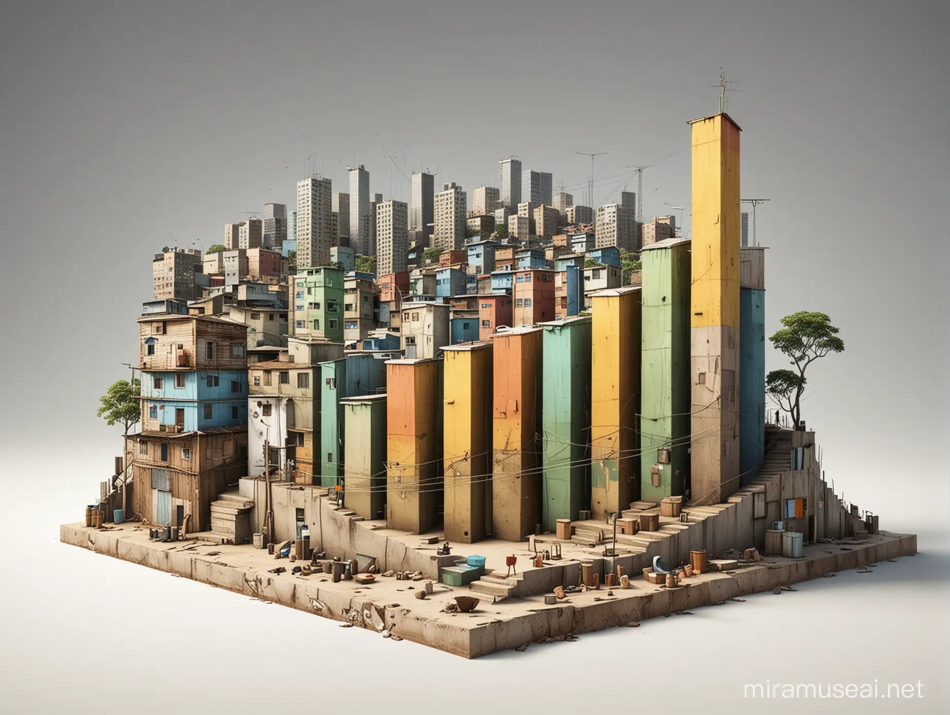 bar graph favela shanty, hyper-realistic 3D image, bar graph on a white background.