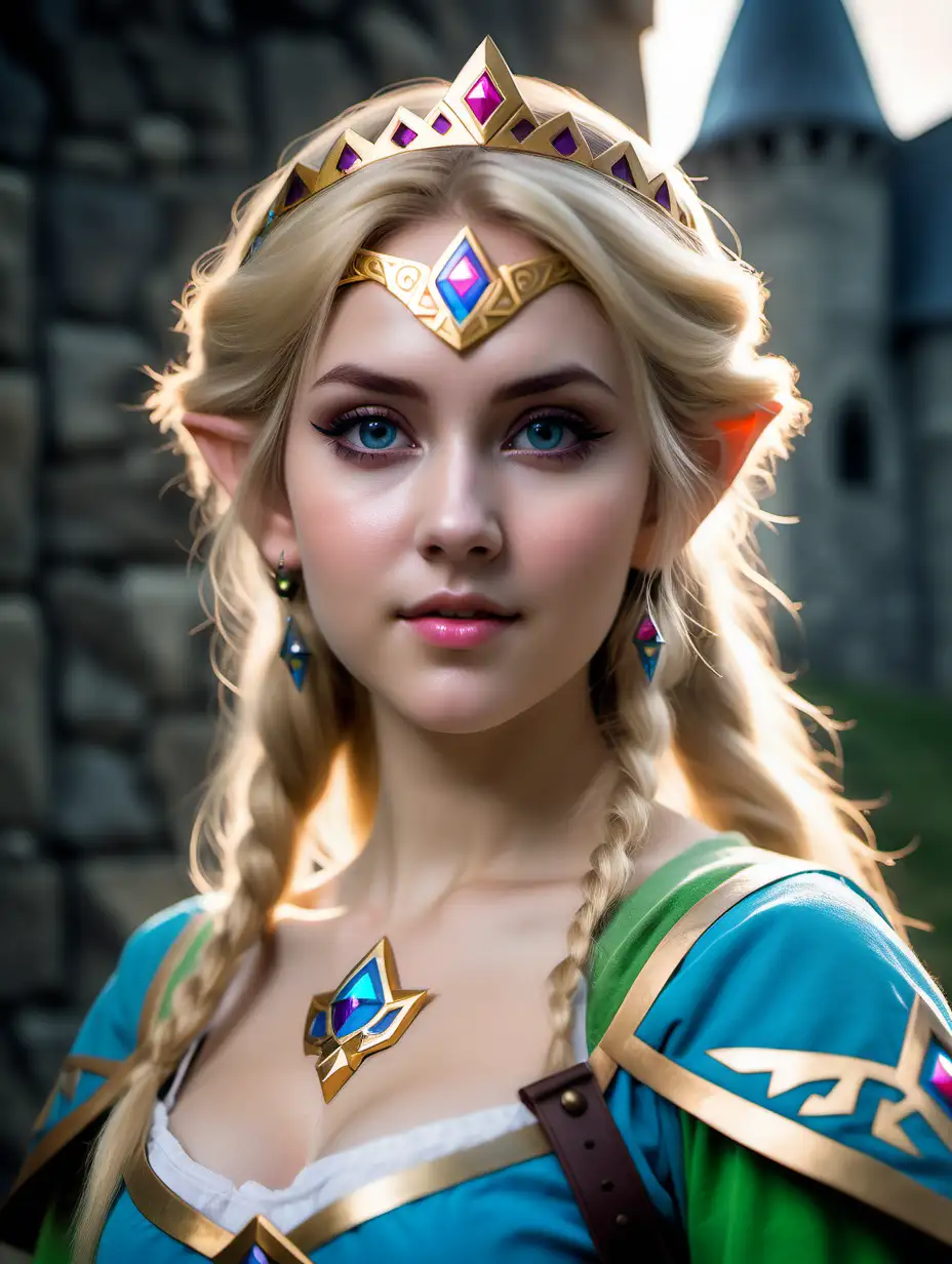 Beautiful Nordic woman, very attractive face, detailed eyes, big breasts, slim body, dark eye shadow, messy blonde hair, dressed as princess Zelda, close up, bokeh background, soft light on face, rim lighting, facing away from camera, looking back over her shoulder, standing in front of Hyrule castle, photorealistic, very high detail, extra wide photo, full body photo, aerial photo
