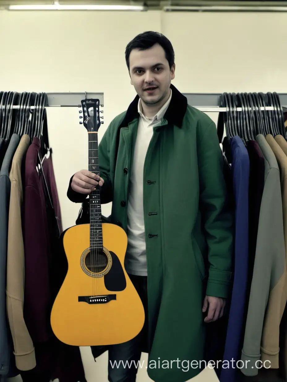 Musician-Holding-Guitar-among-Coat-Hangers-in-Second-Hand-Store