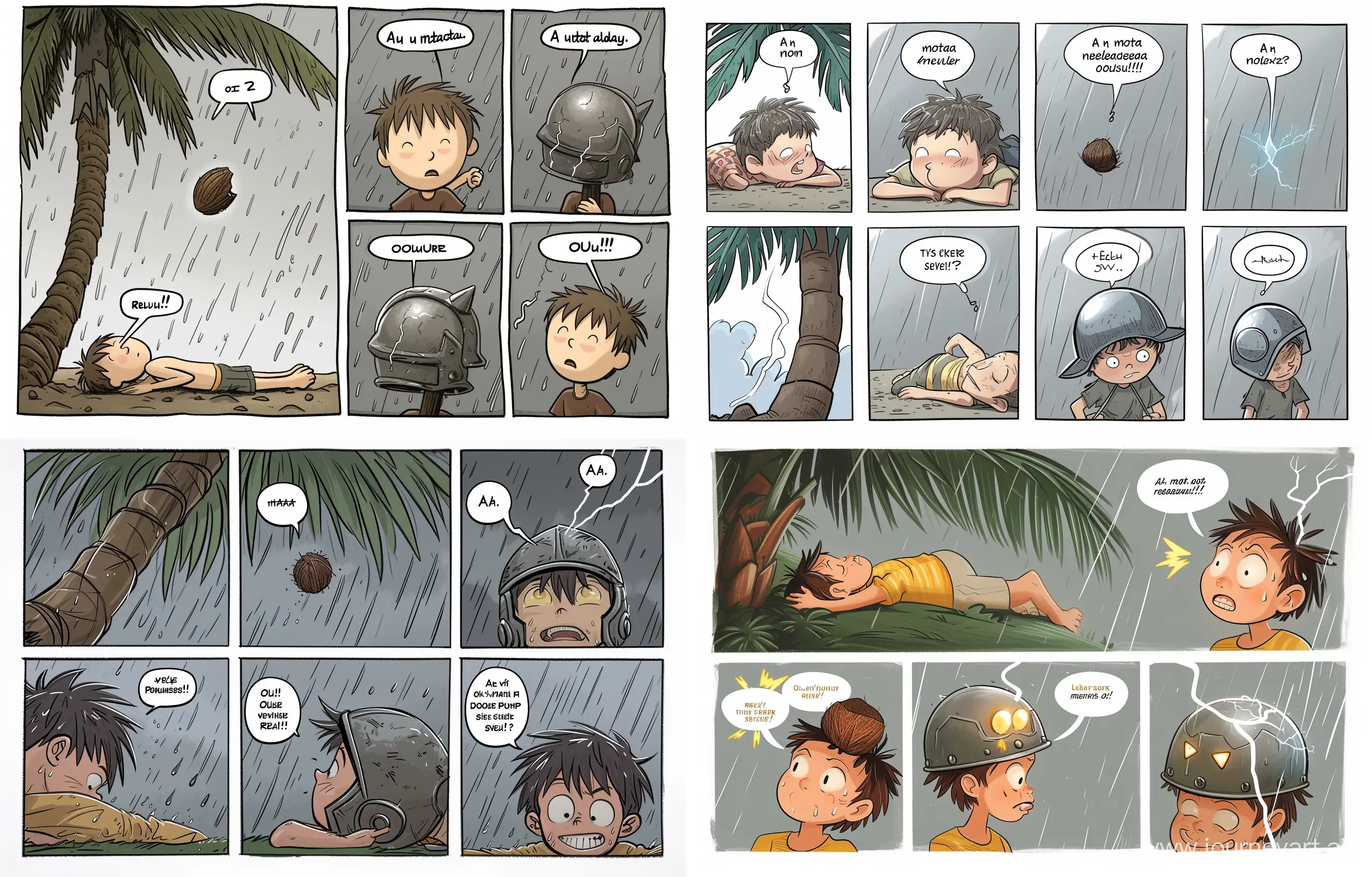 A revised version of the four-panel comic strip with speech bubbles added to each panel, in a humorous style. Panel 1: A boy lying under a palm tree, saying 'Ah, what a relaxing day!'. Panel 2: As a coconut falls on his head, he exclaims 'Ouch!'. Panel 3: The boy, putting on an iron helmet, remarks 'This should keep me safe!'. Panel 4: Lightning strikes the boy's helmet, and he says 'Really?!' with a surprised expression. The sky is gray with rain clouds in the last panel. The comic should maintain a lighthearted and cartoonish feel. --v 6 --ar 14:9 --style raw