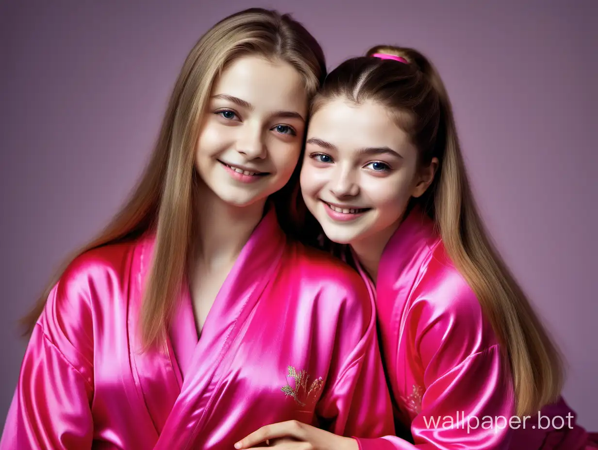 Gentle, Sunny, Young Julia Lipnitskaya with long straight silky hair loves and hugs Evgenia Medvedeva in luxurious pink fuchsia silk robe and smiling