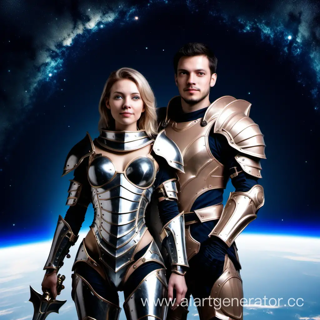 Мужчина и женщина, вместе, в доспехах, на фоне космоса