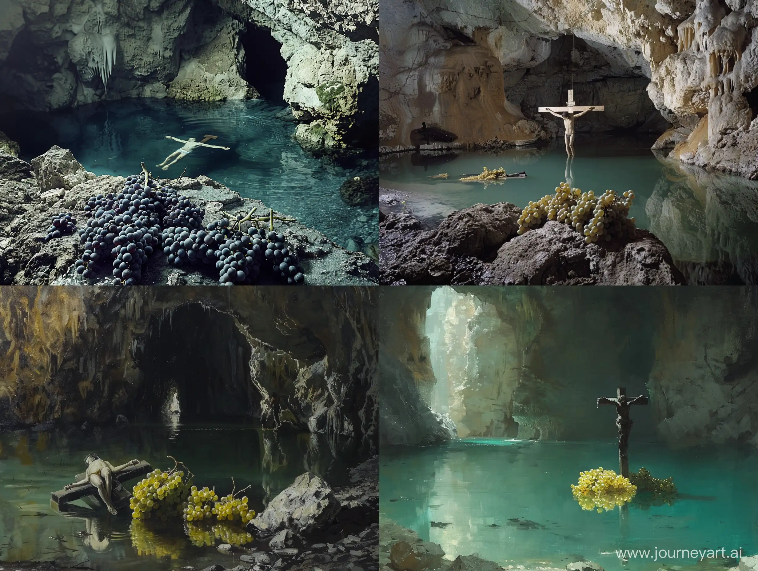 Пещера в которой находится озеро, в центре озера, наполовину погружен мужчина, который распят на кресте. Рядом с ним лежат виноградные грозди