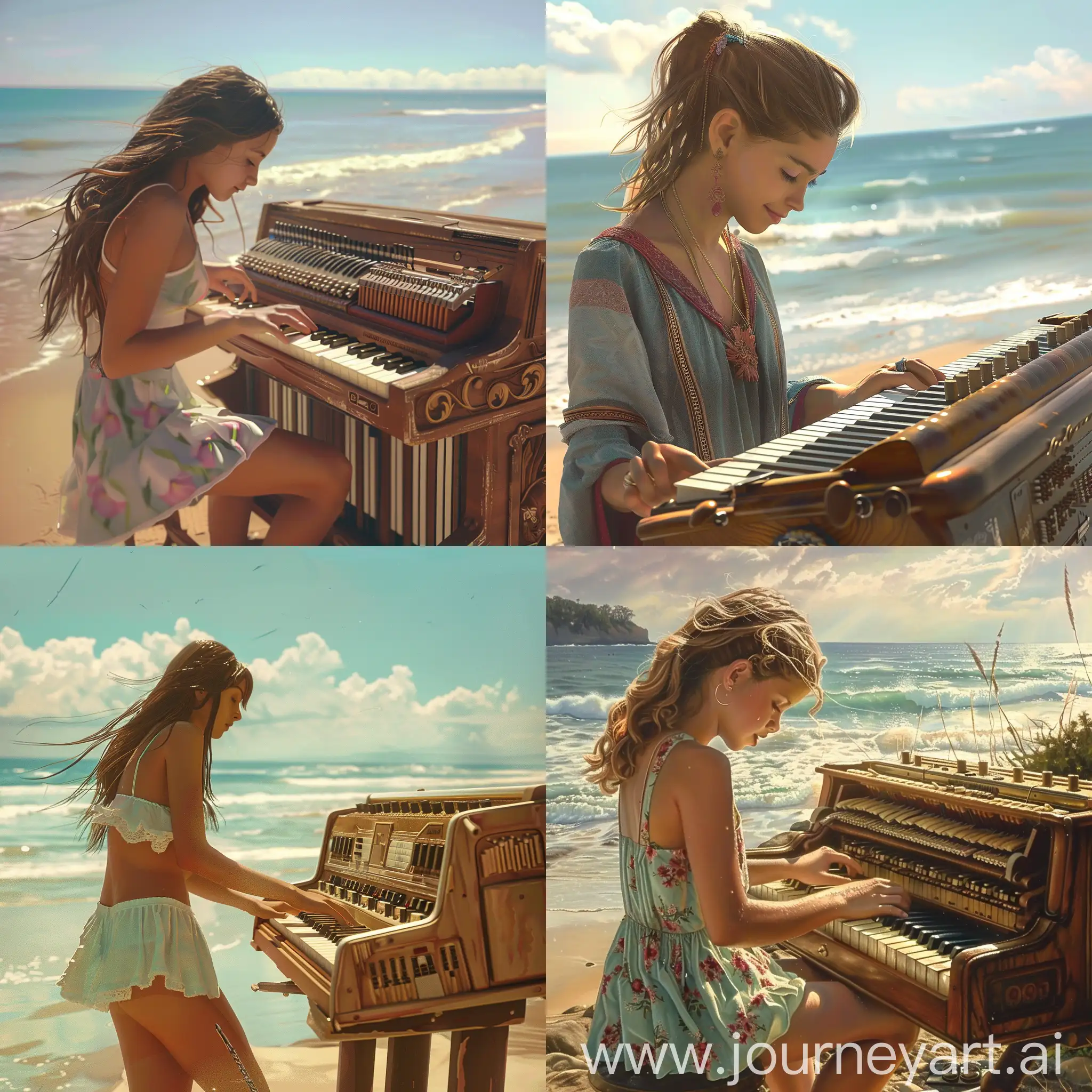 A girl playing an organ on the beach, very photorealistic
