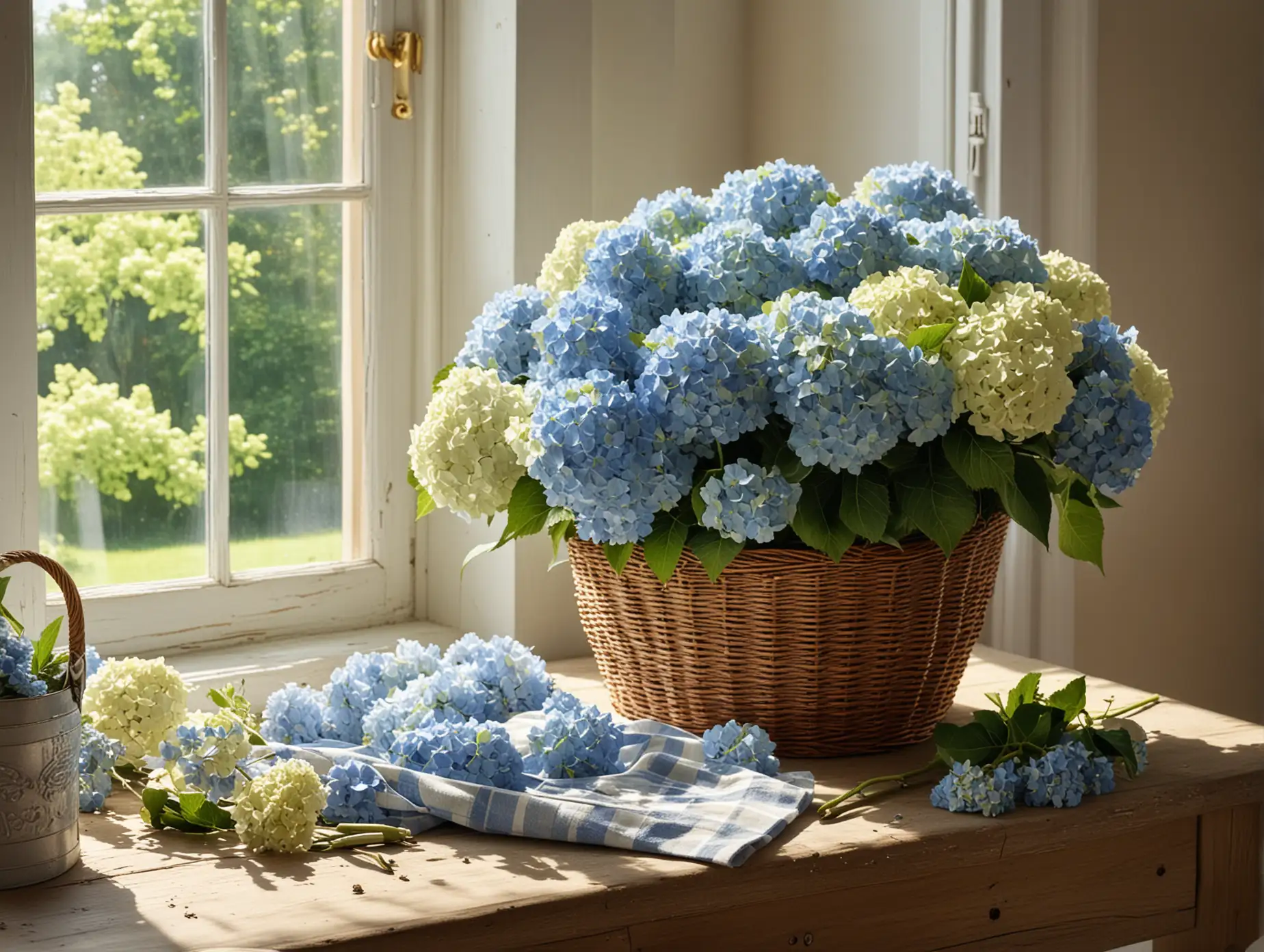 in style of van gogh still life create an image of cut hydrangeas lying horizontally across a basket showing stalks and heads of flowers on a country table next a wall and large window window with morning sunlight coming in with several cutting accessories and other accessories., with some hydrangeas  loose on the table next to the cutting shears