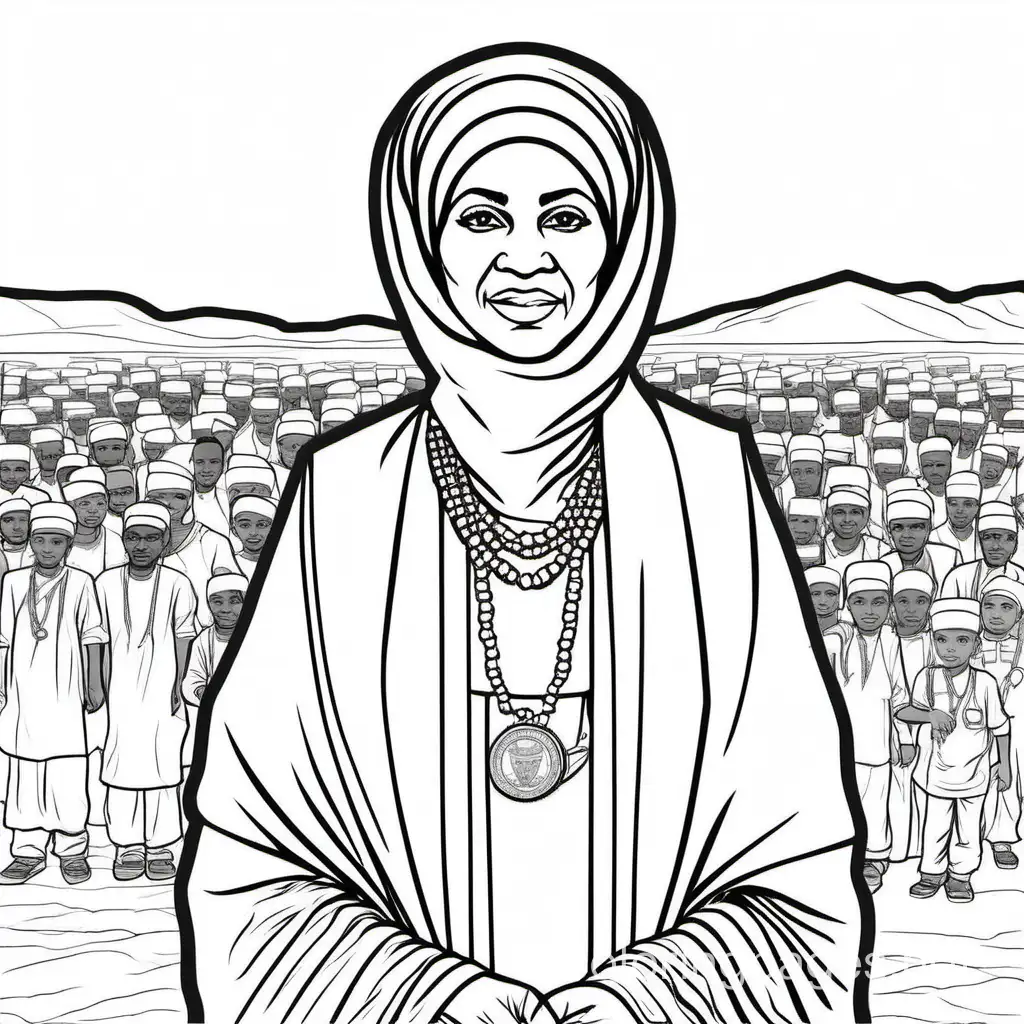 Mohammed's precedent - the first woman to become head of state in Africa.for coloring book, Coloring Page, black and white, line art, white background, Simplicity, Ample White Space. The background of the coloring page is plain white to make it easy for young children to color within the lines. The outlines of all the subjects are easy to distinguish, making it simple for kids to color without too much difficulty