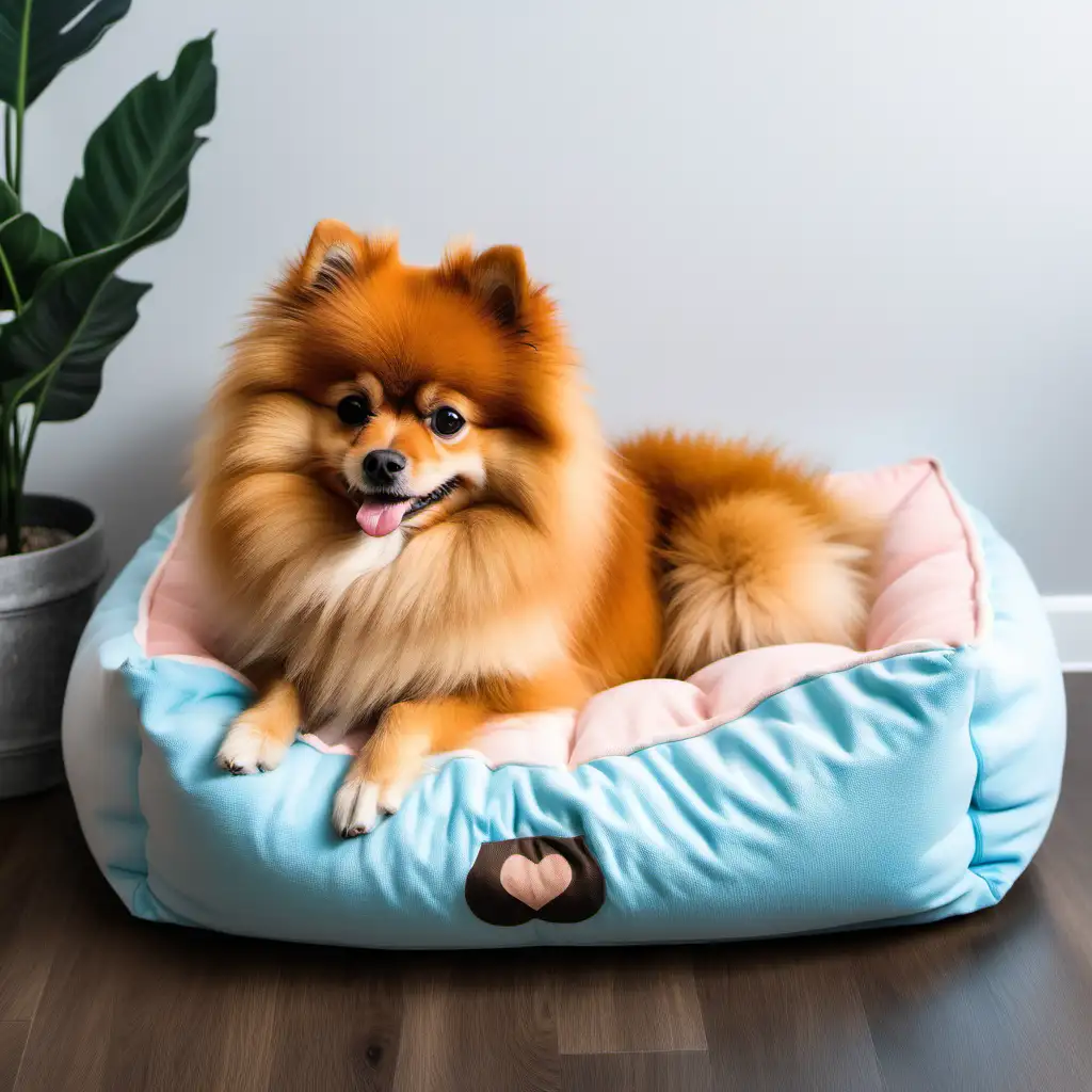 a Pomerian dog with comfortable dog bed and pillow