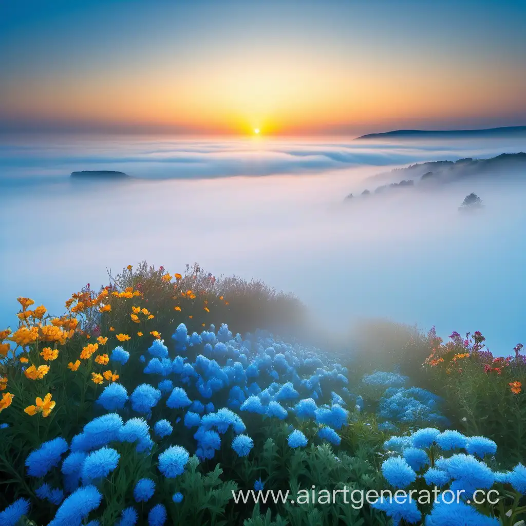 красивый восход солнца,туман,голубое небо,голубое море,цветы