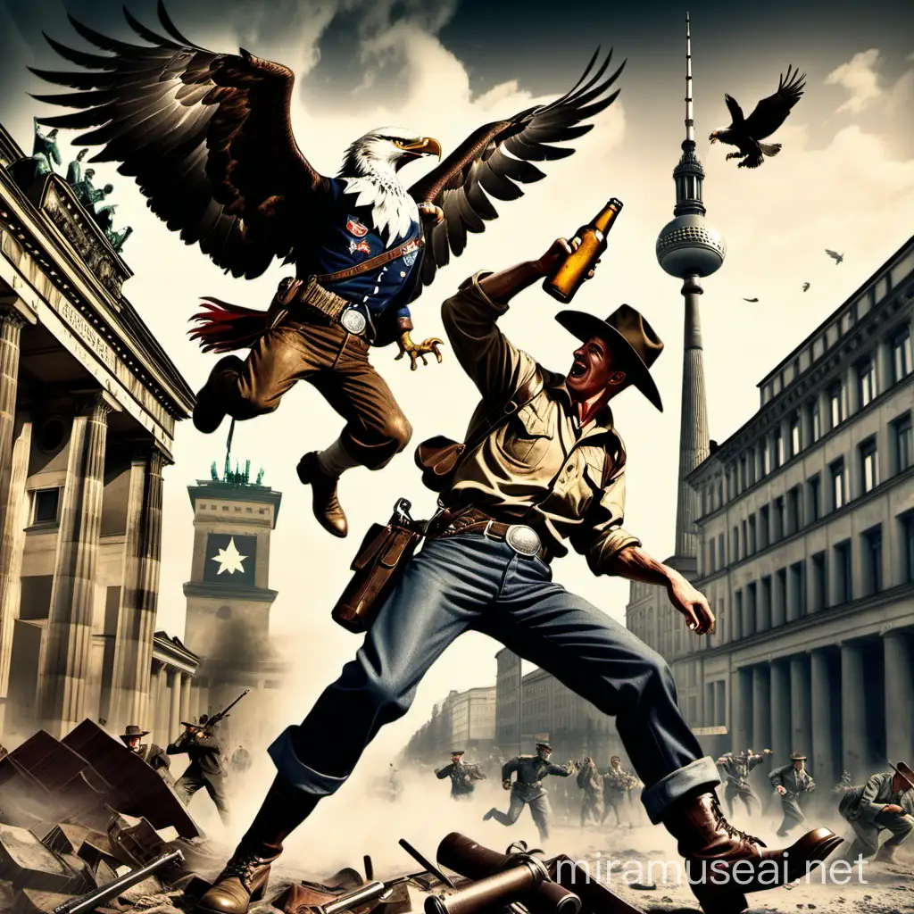 desing a cowboy drinking beer with the background of berlin during WWII while he kicks a soldier in the stomach for america with a eagle holding his weapon

