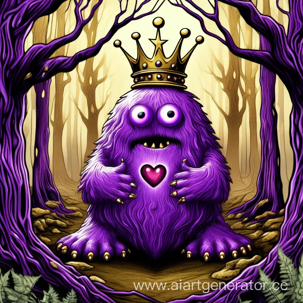 Enchanting-Purple-Monster-with-Golden-Crown-Holding-Heart-in-Forest