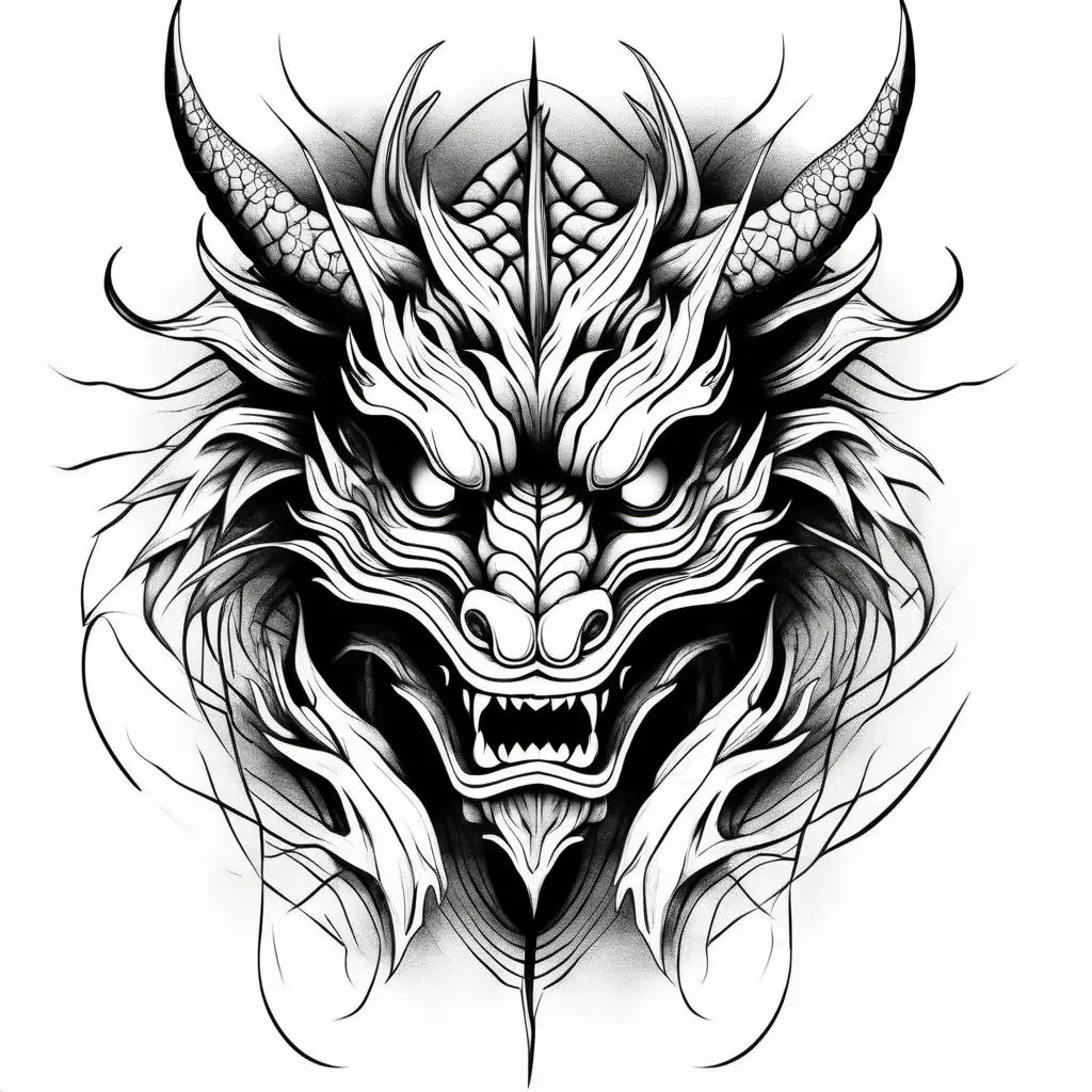 Minimalist Japanese Dragon Mask Drawing on Clean White Background ...