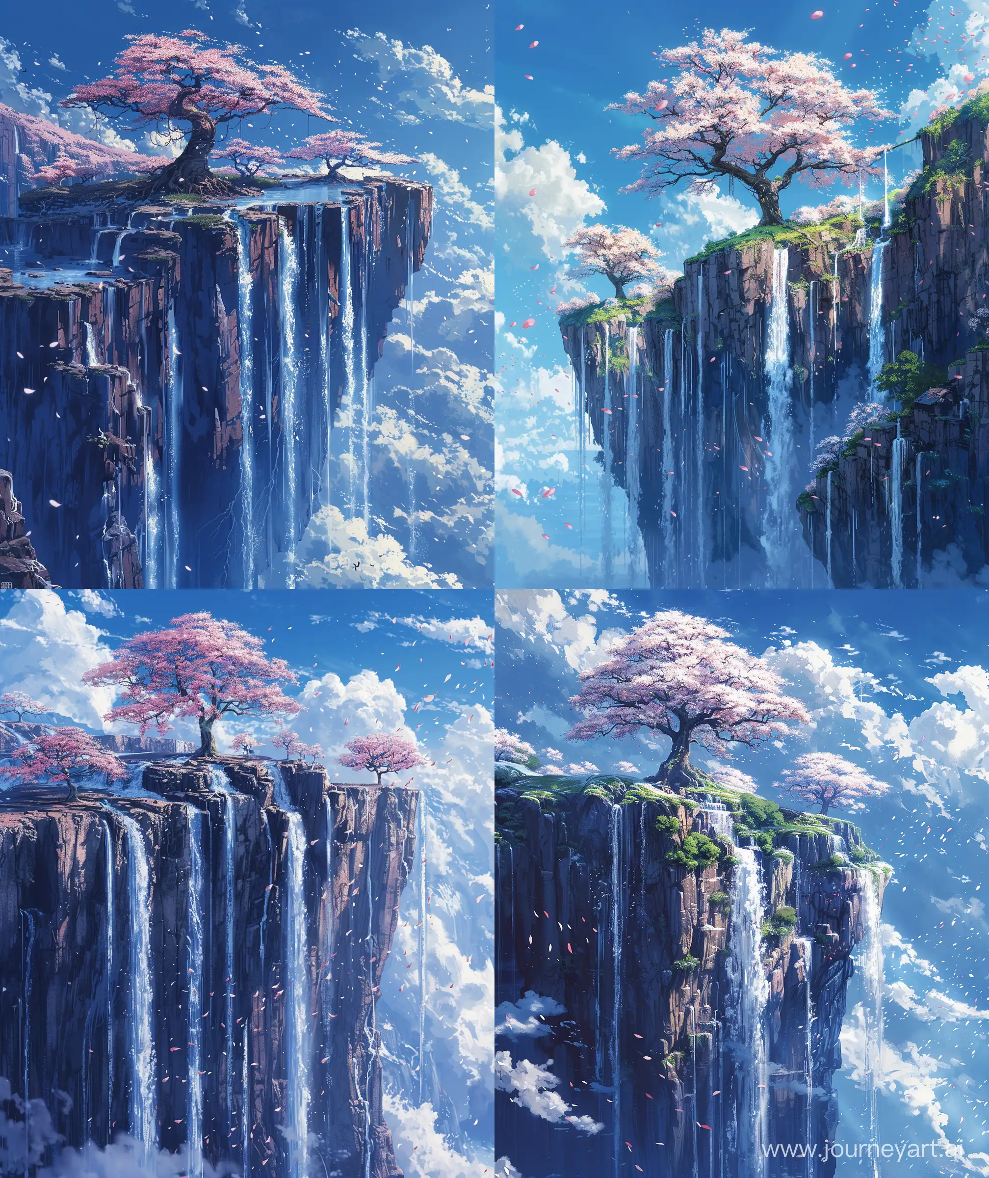Beautiful anime scenary, mokoto shinkai style, cherry bloosom tree on cliff, many water falls falling from clif, centre perspective view, blue sky ,spring comming, illustration, ultra HD, high quality, sharp details anime style no hyperrealistic --ar 27:32 --s 400
