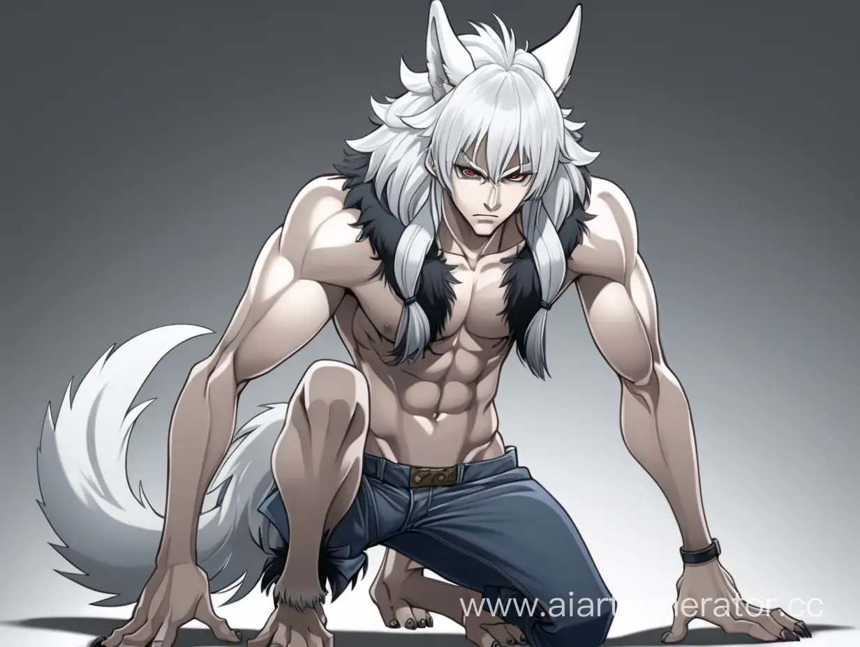 sexy anime guy, standing on all fours, he has wolf ears and a tail, cranked eyes, white hair, a full-length picture, he turns into a werewolf