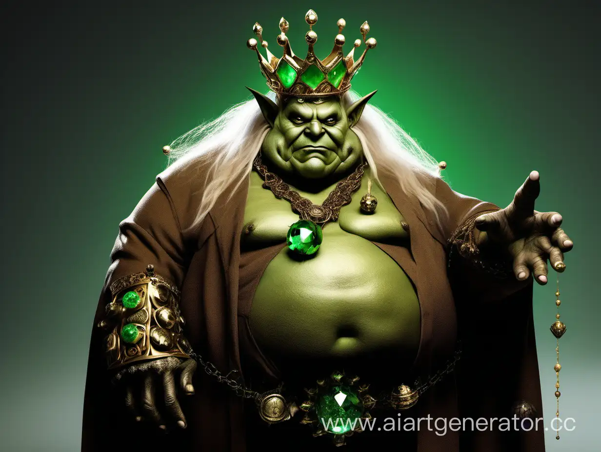 Гоблин король, 2 метра ростом, жирный живот, в коричневом халате с золотыми элементами, корона из железа с пятью зелеными кристаллами, на руках 8 колец с зелеными кристаллами