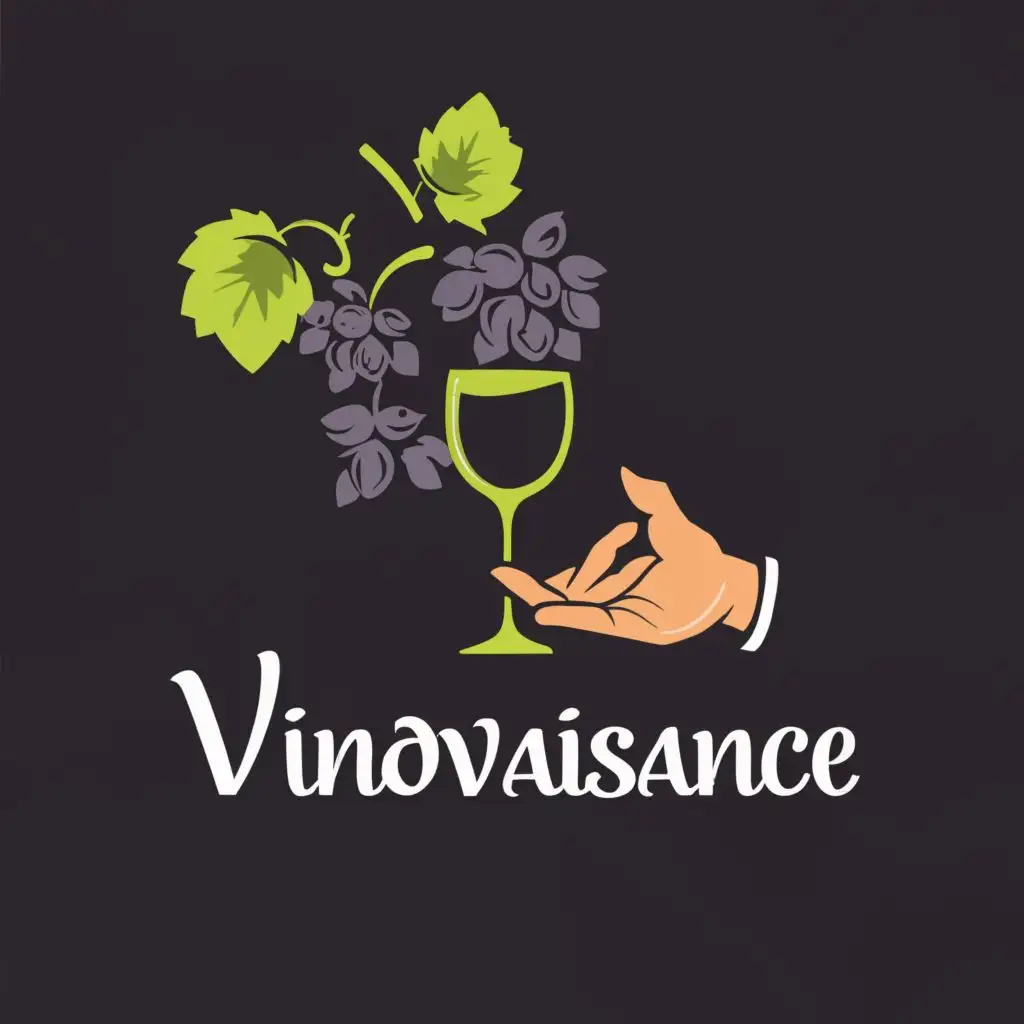 logo, We want a glass of wine and grapes, and a hand reaching for the grapes, with the text "VinoVaissance", typography