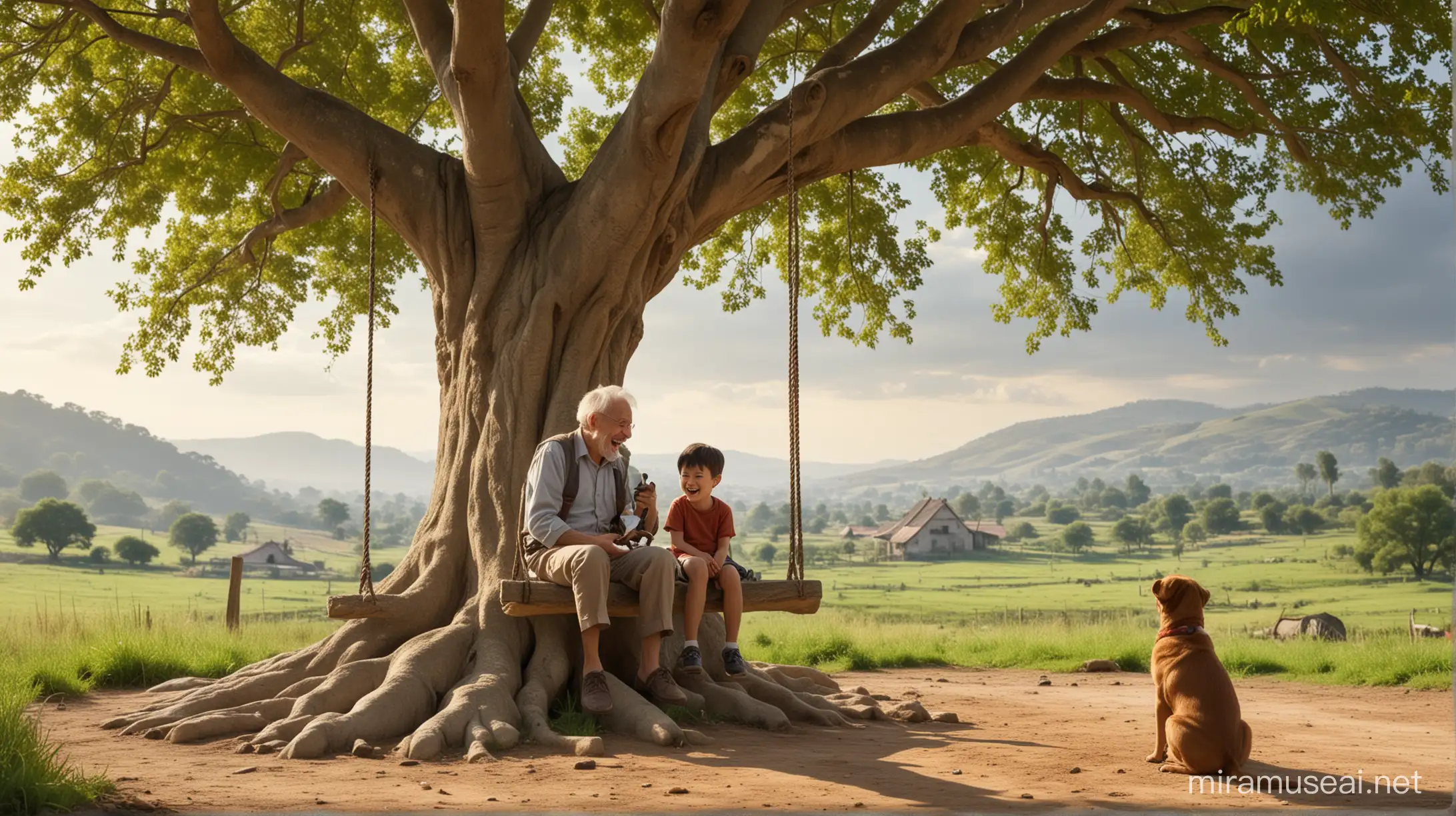 There is a swing hanging from a big tree, and a little boy is sitting on it, laughing joyfully. Beside him, a small dog is watching the boy, and an old man is sitting on the stone by the tree, smiling while observing the little boy.