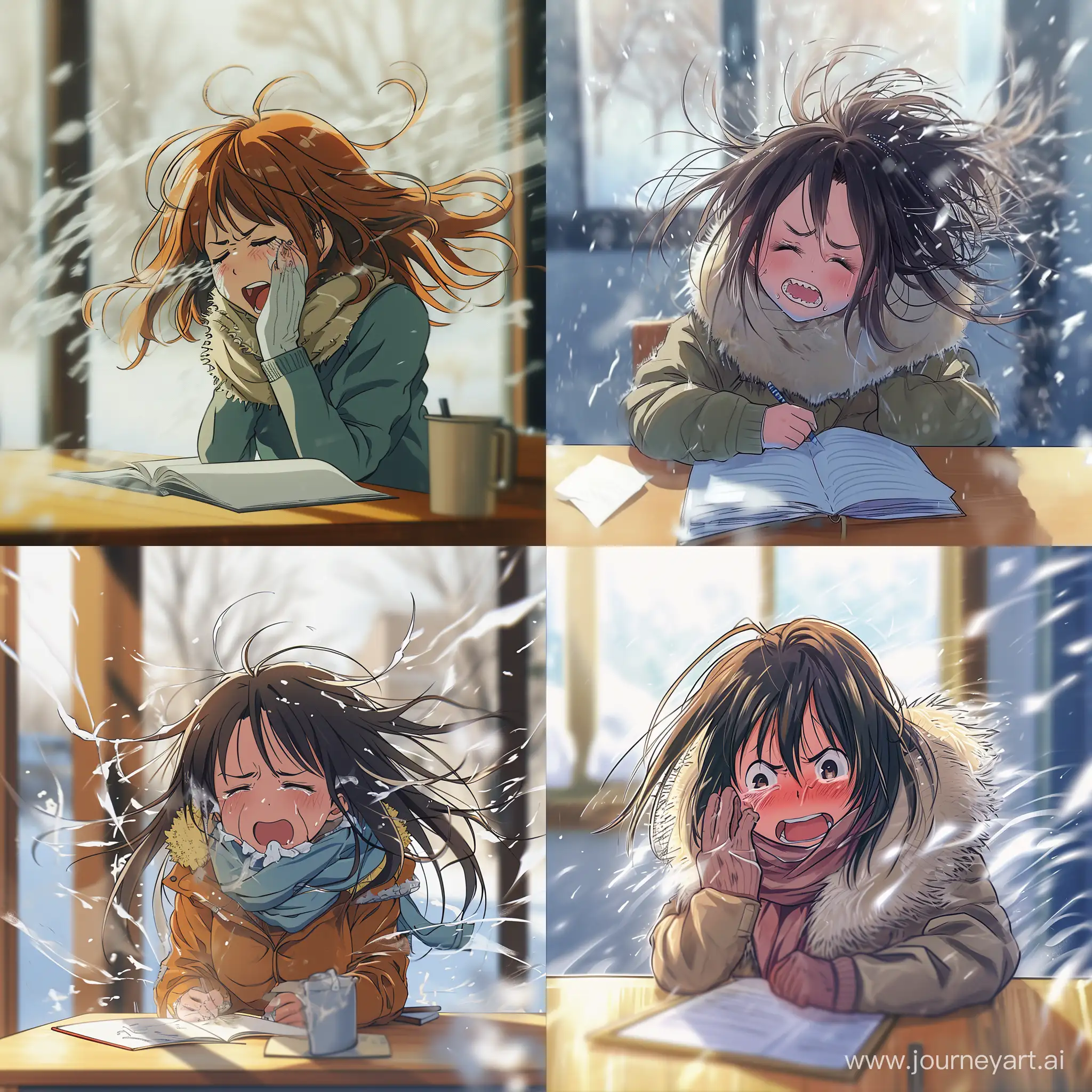 a comedy anime scene, a girl with spreaded hair and detached sleeve sit by the table and do her homework with painful expression,  very cold, shivering, sneeze, motion blur, very cold weather  --v 6 --q 2
