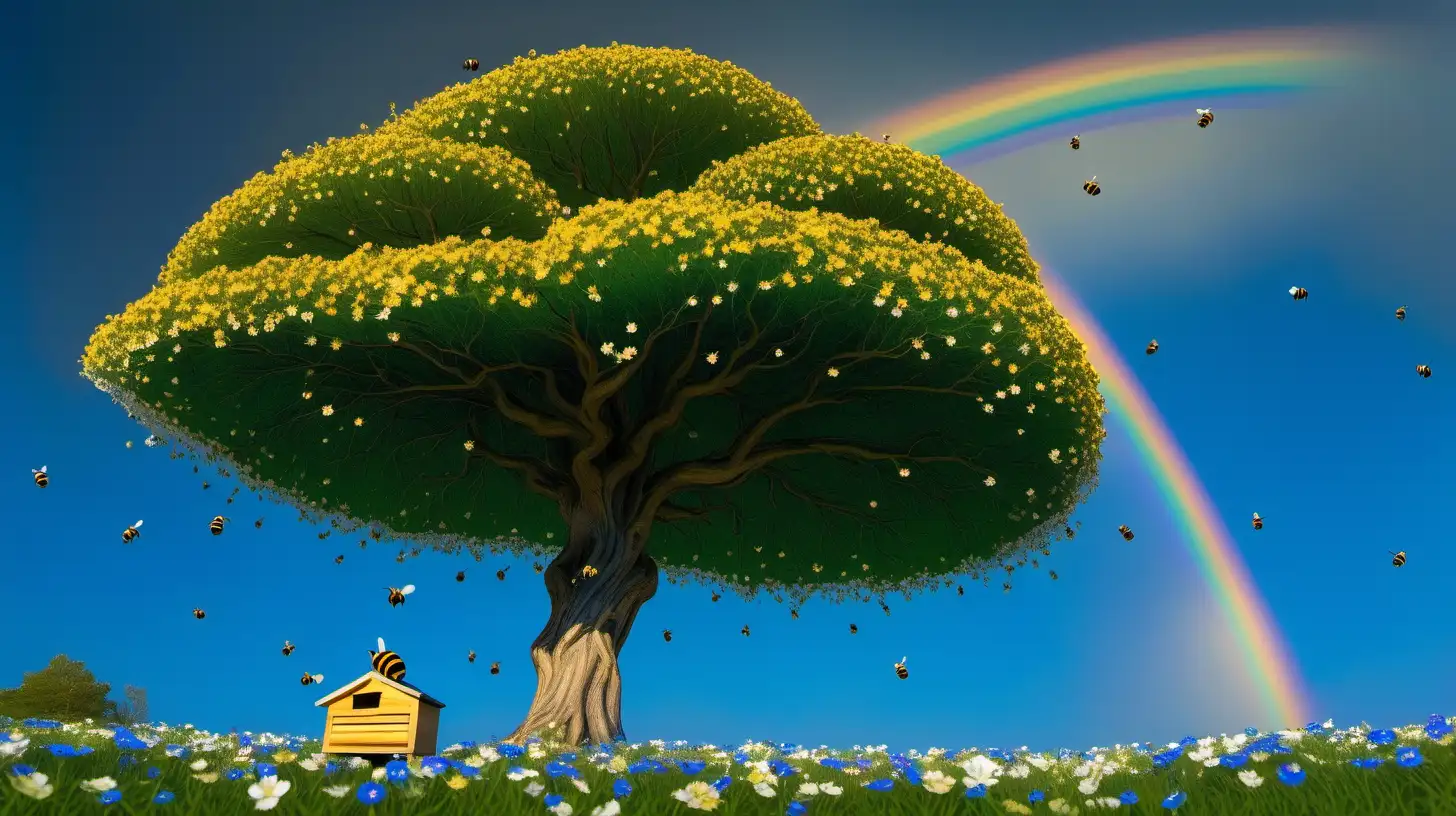 大片蓝白小花的绿地上，深蓝的天空里挂着一道七彩的彩虹，一只小蜜蜂煽动着金色的翅膀，一个弯弯的树枝上挂着一个硕大的蜂巢