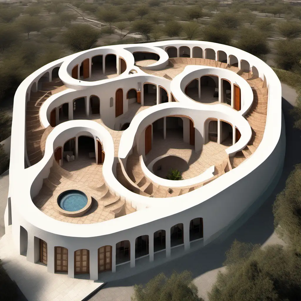 Flexible building with several openings and passages leading to rooms. with Mexican architecture welcoming with curves and openings to the exterior . top view