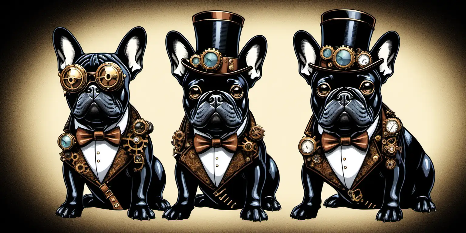 Steampunk French Bulldogs on a Mysterious Black Background