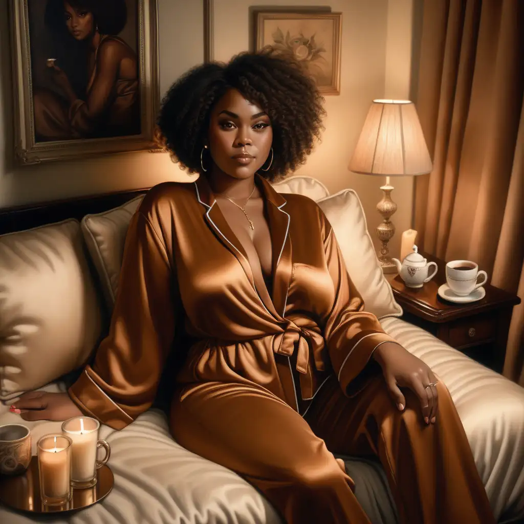 in a cozy, candlelit setting, a hyper realistic beautiful thick black woman radiates warmth and affection in a wearing brown silk pajamas, Clad in a chic and romantic attire, she sits amidst plush cushions surrounded by soft, cream hues. The image, capturing a moment of tenderness and self-love, merges the aesthetics of an intimate portrait and a sophisticated lifestyle photograph. Drinking hot tea.