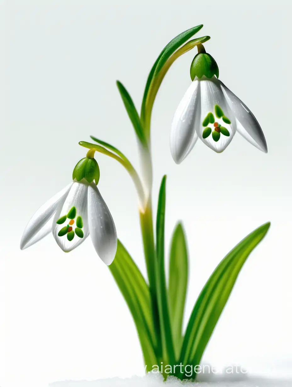 Snowdrop wild flower 8k ALL FOCUS with natural fresh green leaves on white background 