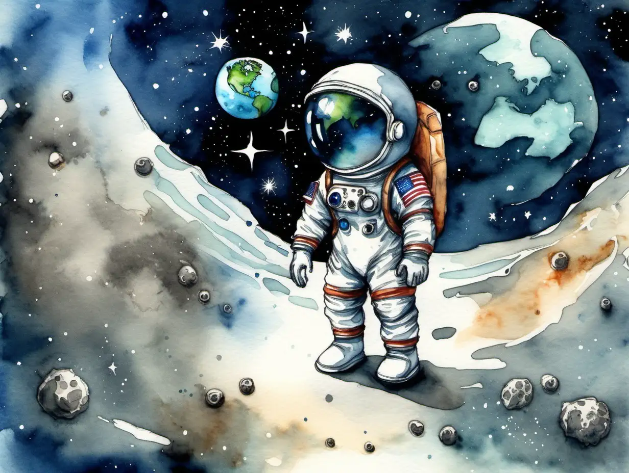 Super cute astronaut on moon, looking at earth, watercolor