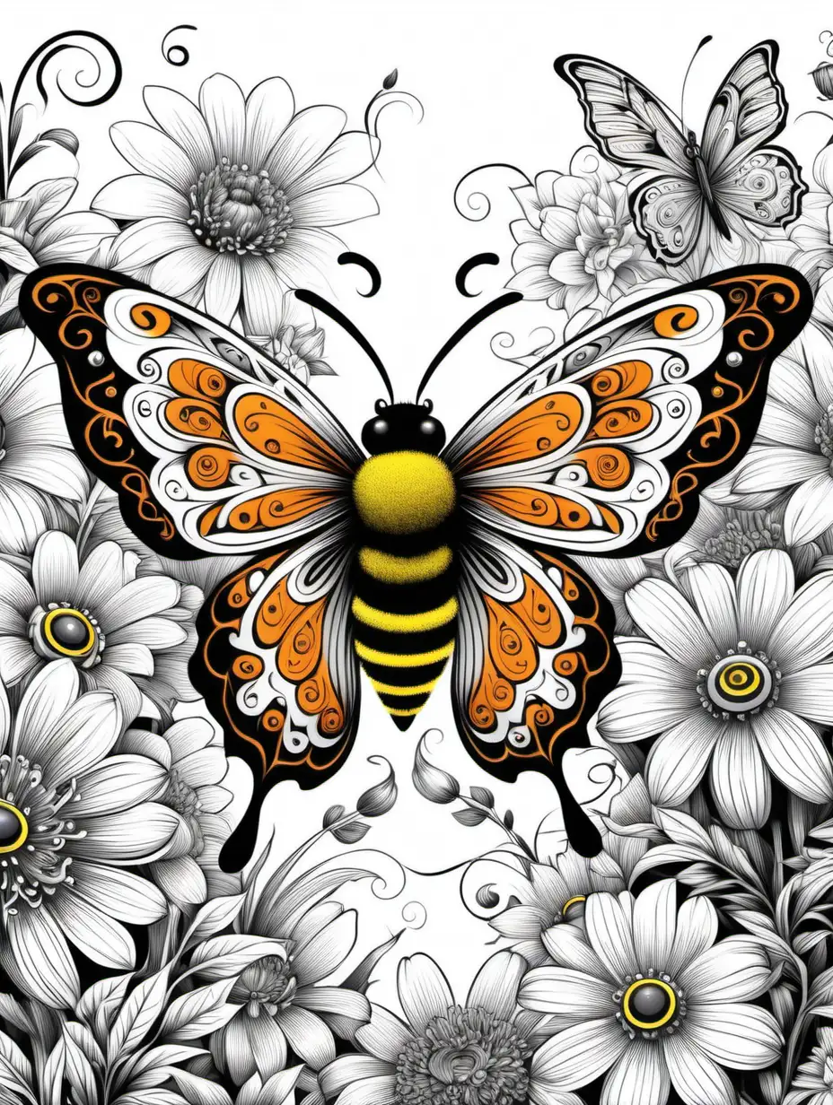 vivid color, ornate butterfly, bumble bee in flowers, high definition, thick lines, no shading